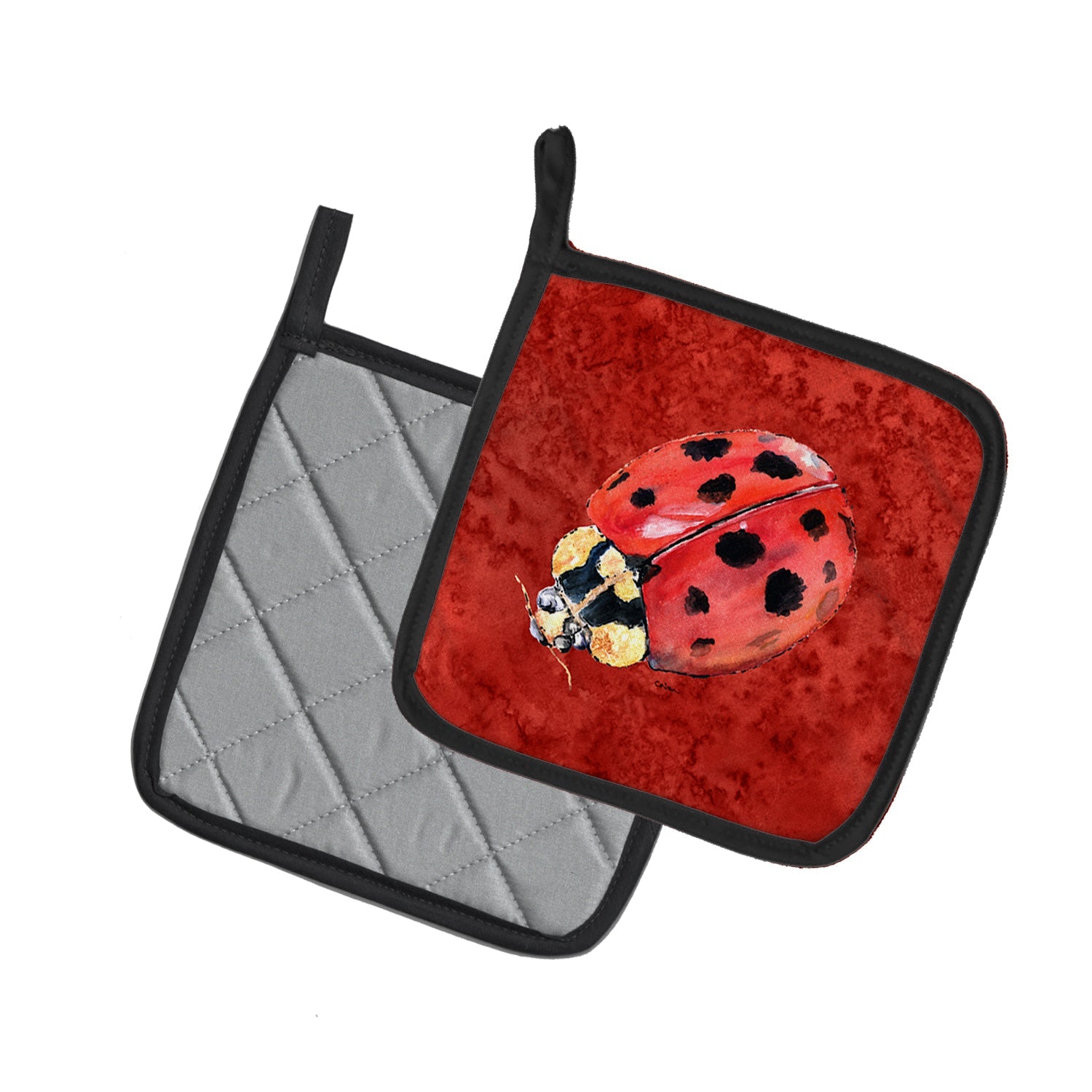 Lady Bug on Deep Red Pot Holder Set of 2 Heat Resistant Quilted Hot Pads 7.5 x 7.5 Inch, Insulated Kitchen Trivets for Cooking & Baking