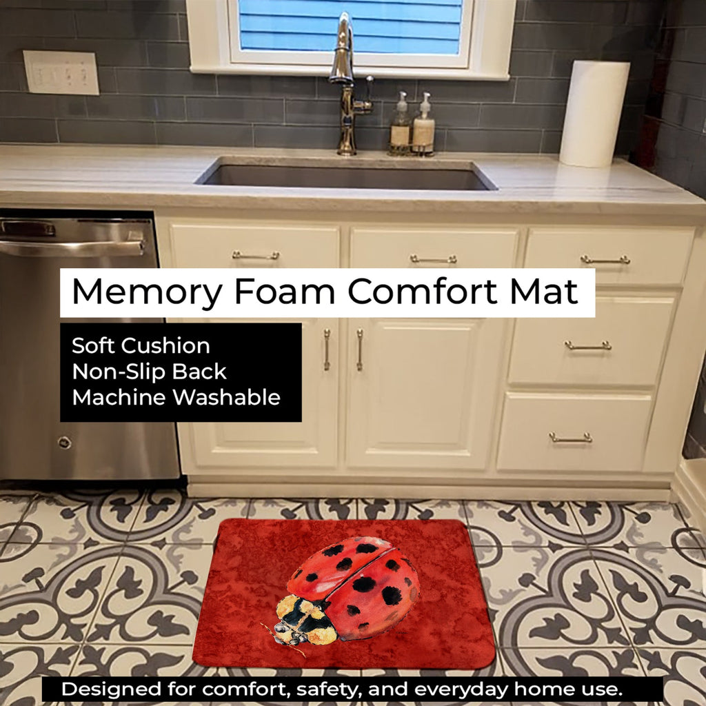 Lady Bug on Deep Red Memory Foam Kitchen Mat Machine Washable Anti-Fatigue Cushion Comfort Bath or Kitchen Rug