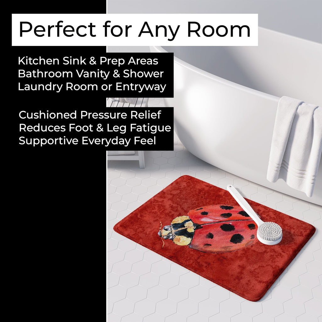 Lady Bug on Deep Red Memory Foam Kitchen Mat Machine Washable Anti-Fatigue Cushion Comfort Bath or Kitchen Rug