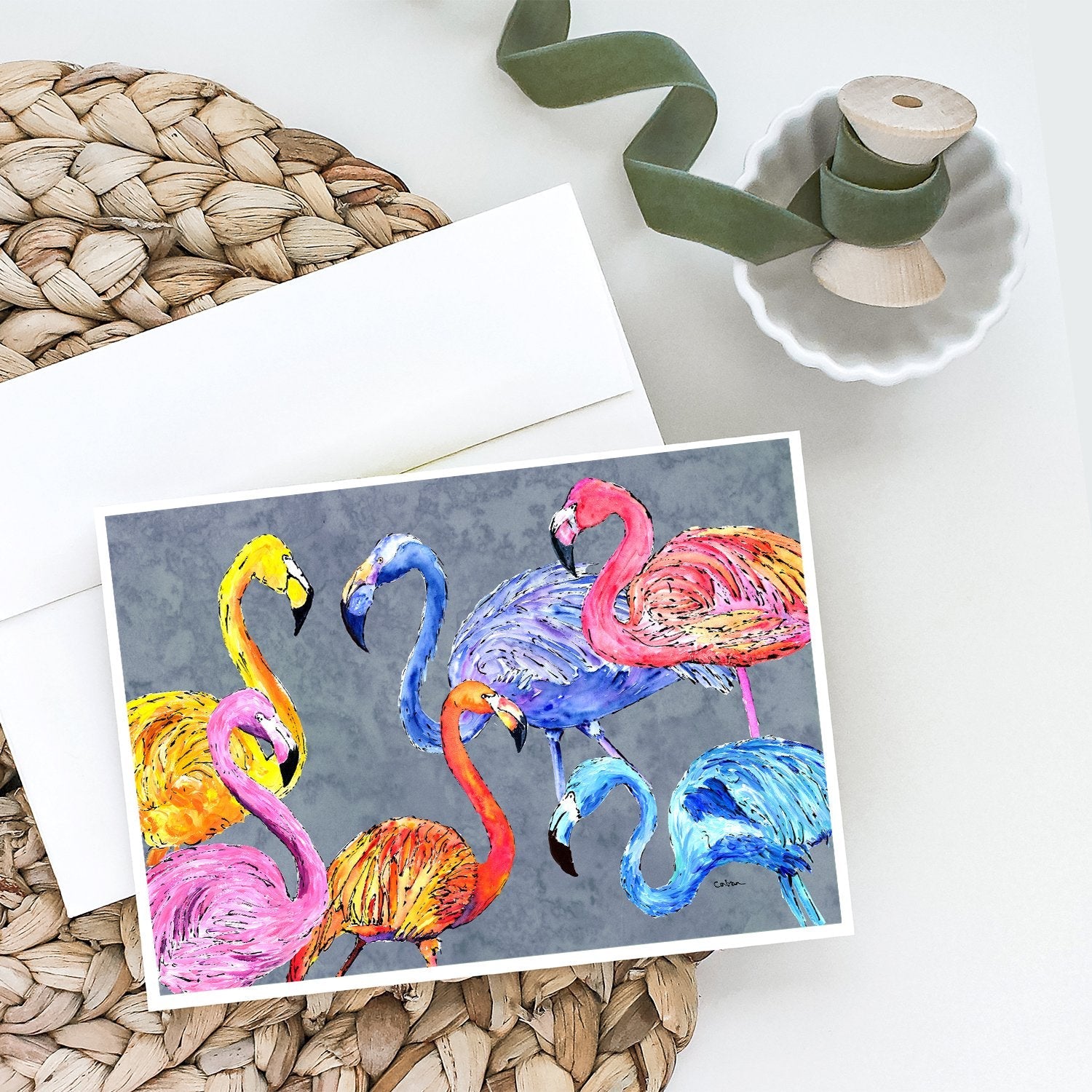Flamingo Six Senses Greeting Cards Pack of 8 Blank Cards with Envelopes Whimsical A7 Size 5x7