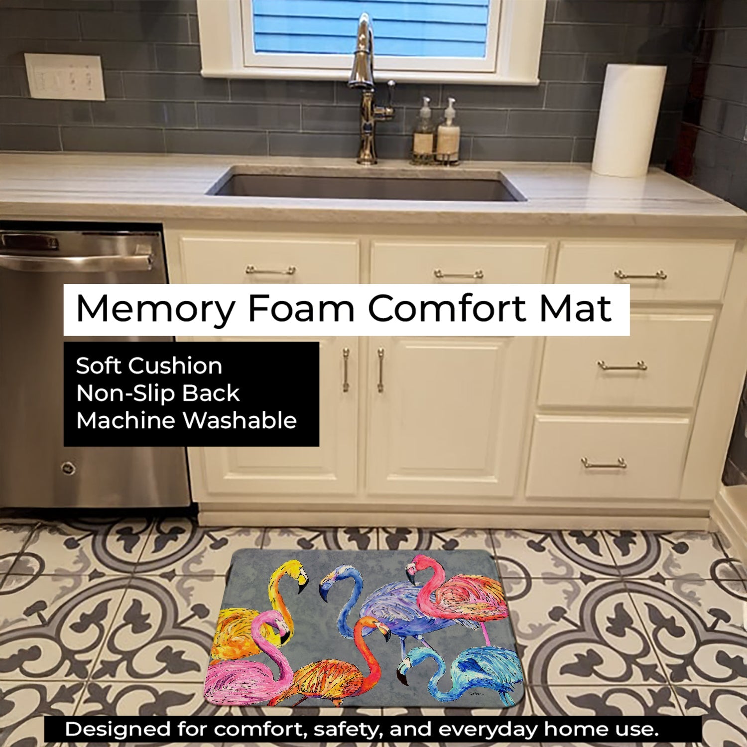 Flamingo Six Senses Memory Foam Kitchen Mat Machine Washable Anti-Fatigue Cushion Comfort Bath or Kitchen Rug