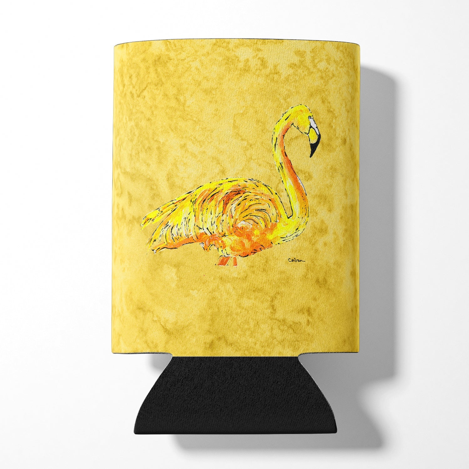 Flamingo on Yellow Can or Bottle Hugger Cooler Sleeve for Standard 12 oz Cans, Insulated Foam Beer & Soda Can Hugger Reusable