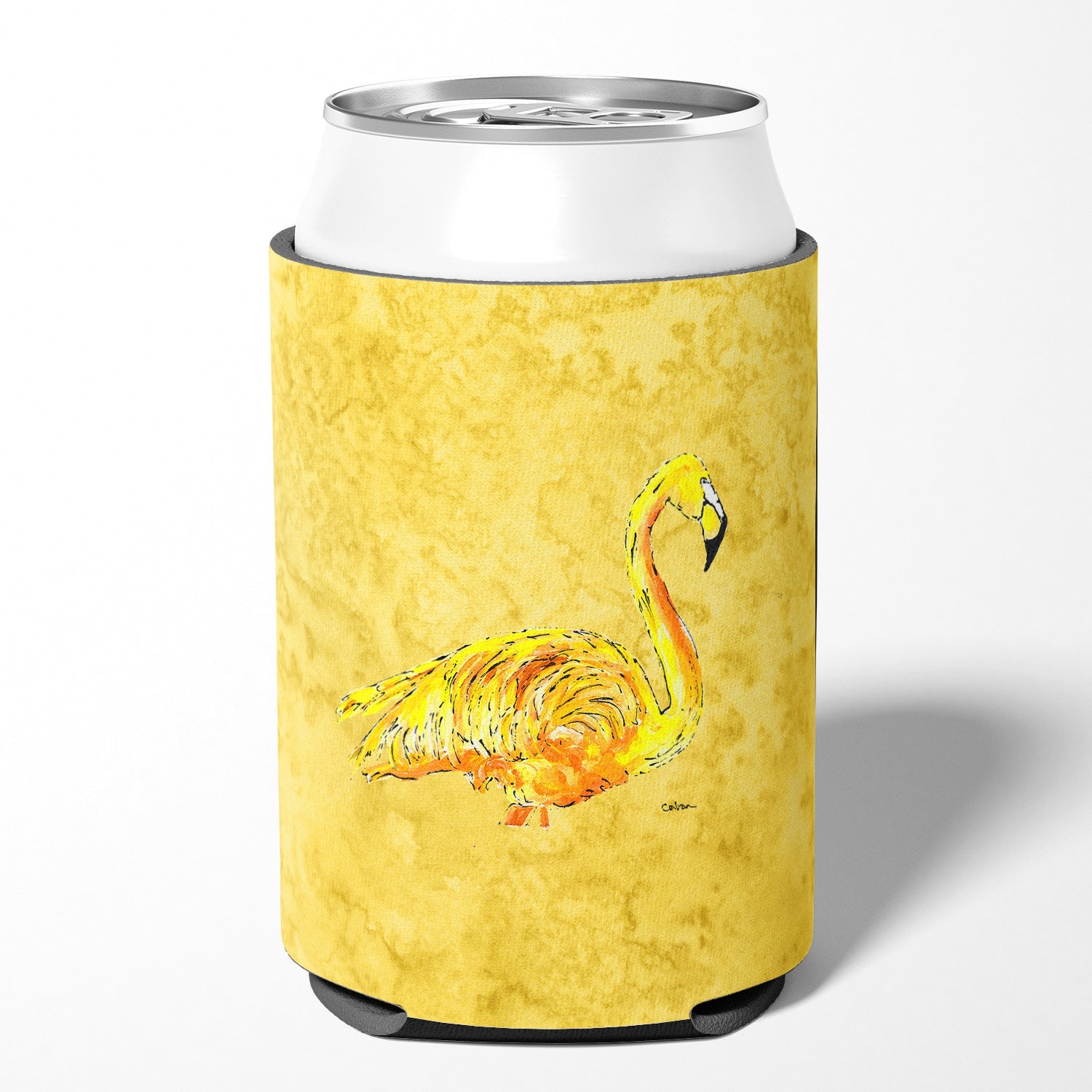 Flamingo on Yellow Can or Bottle Hugger Cooler Sleeve for Standard 12 oz Cans, Insulated Foam Beer & Soda Can Hugger Reusable