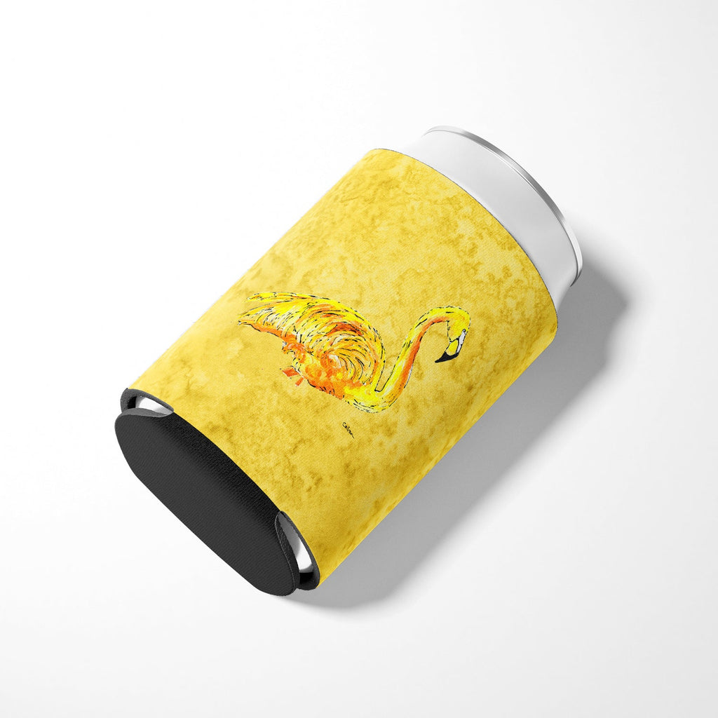 Flamingo on Yellow Can or Bottle Hugger Cooler Sleeve for Standard 12 oz Cans, Insulated Foam Beer & Soda Can Hugger Reusable