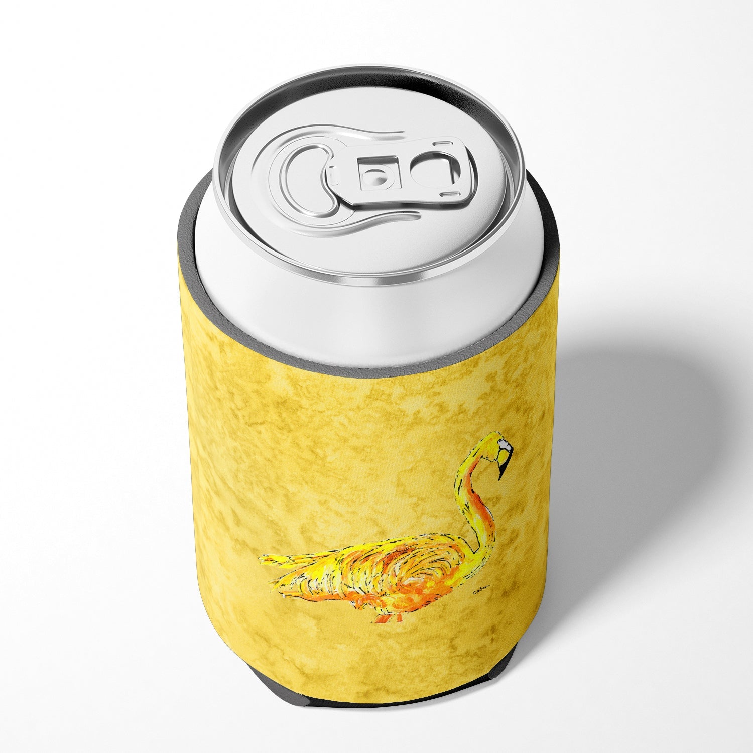 Flamingo on Yellow Can or Bottle Hugger Cooler Sleeve for Standard 12 oz Cans, Insulated Foam Beer & Soda Can Hugger Reusable