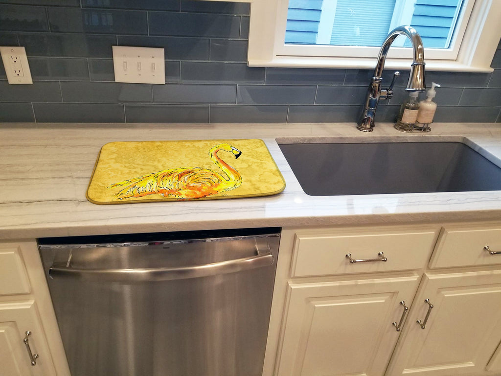 Flamingo on Yellow Dish Drying Mat Absorbent Dish Drying Mat Pad for Kitchen Counter Dish Drainer Mat for Countertop, 14 x 21", Multicolor
