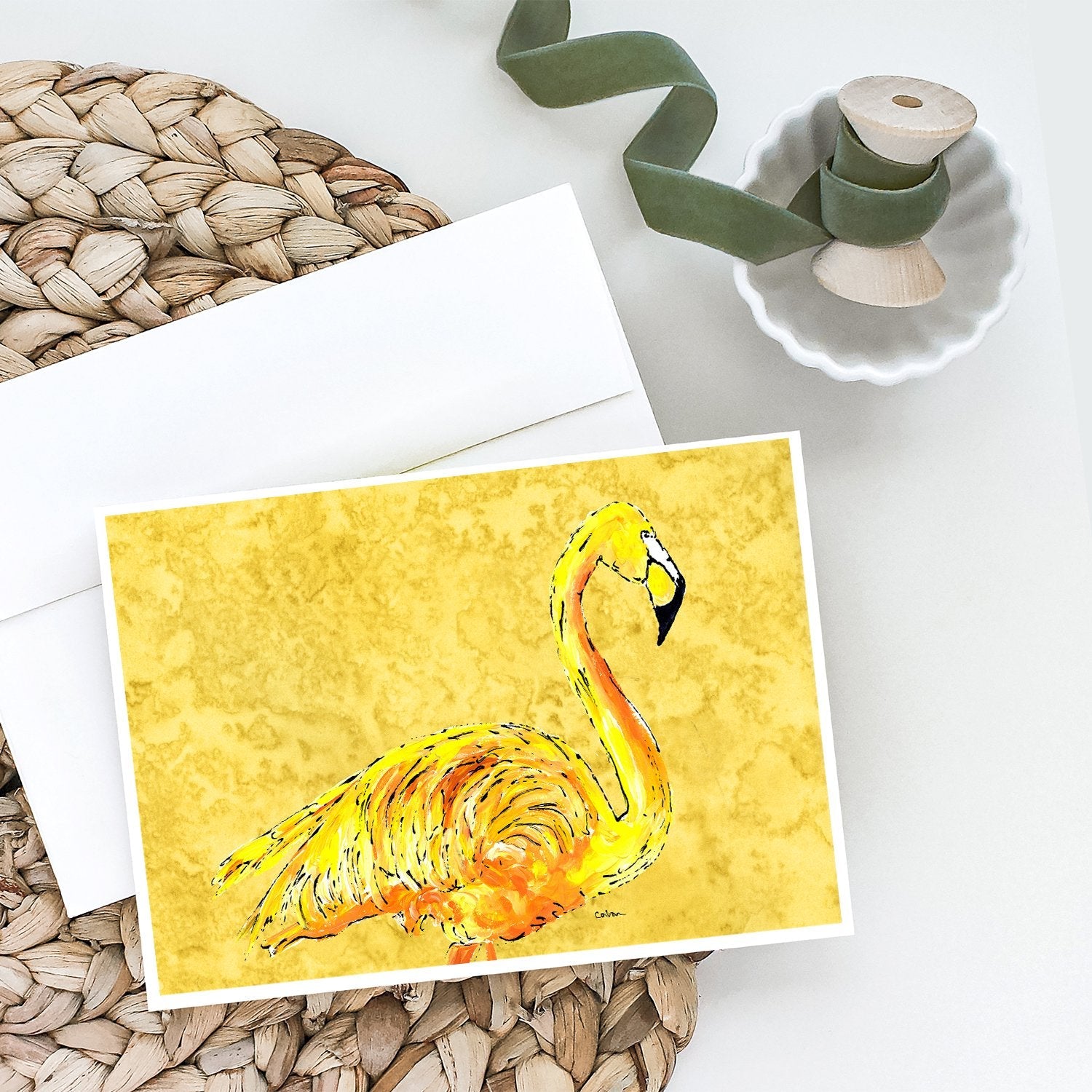Flamingo on Yellow Greeting Cards Pack of 8 Blank Cards with Envelopes Whimsical A7 Size 5x7