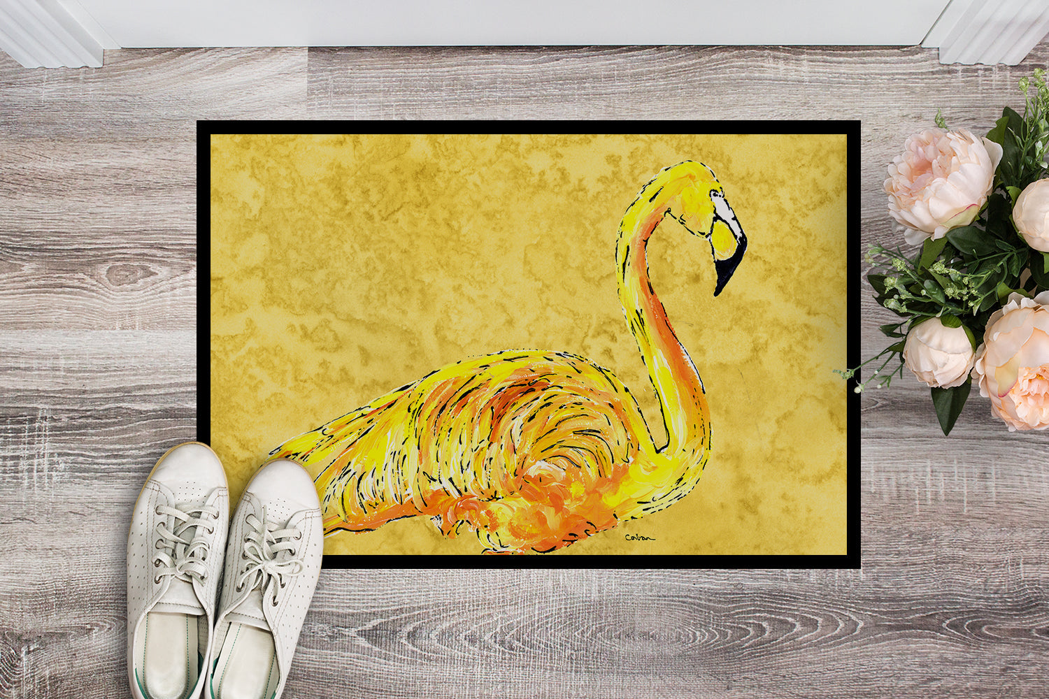 Flamingo on Yellow Doormat Indoor Outdoor 24H X 36W Front Door Mat Rugs for Entryway, Non Slip Washable Low Pile,