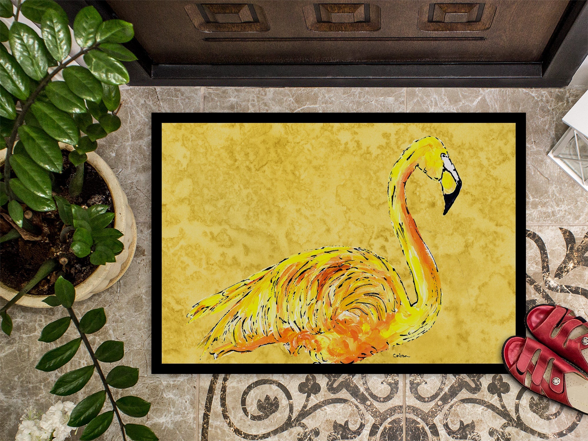 Flamingo on Yellow Doormat Indoor Outdoor 24H X 36W Front Door Mat Rugs for Entryway, Non Slip Washable Low Pile,