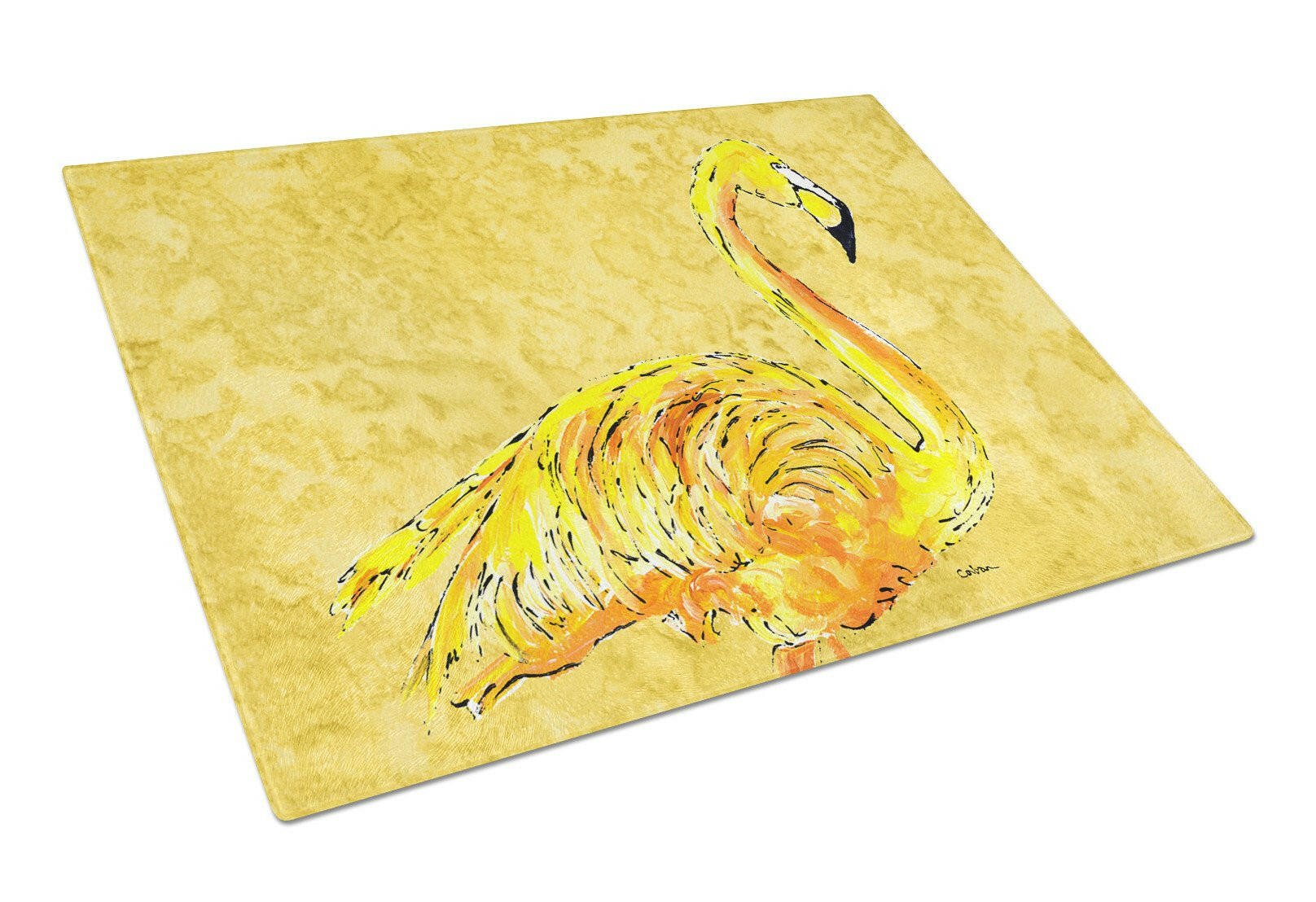 Flamingo on Yellow Cutting Board Tempered Glass Kitchen Cutting Surface, Heat Resistant Chopping, Non-Slip Feet, Food Prep & Serving