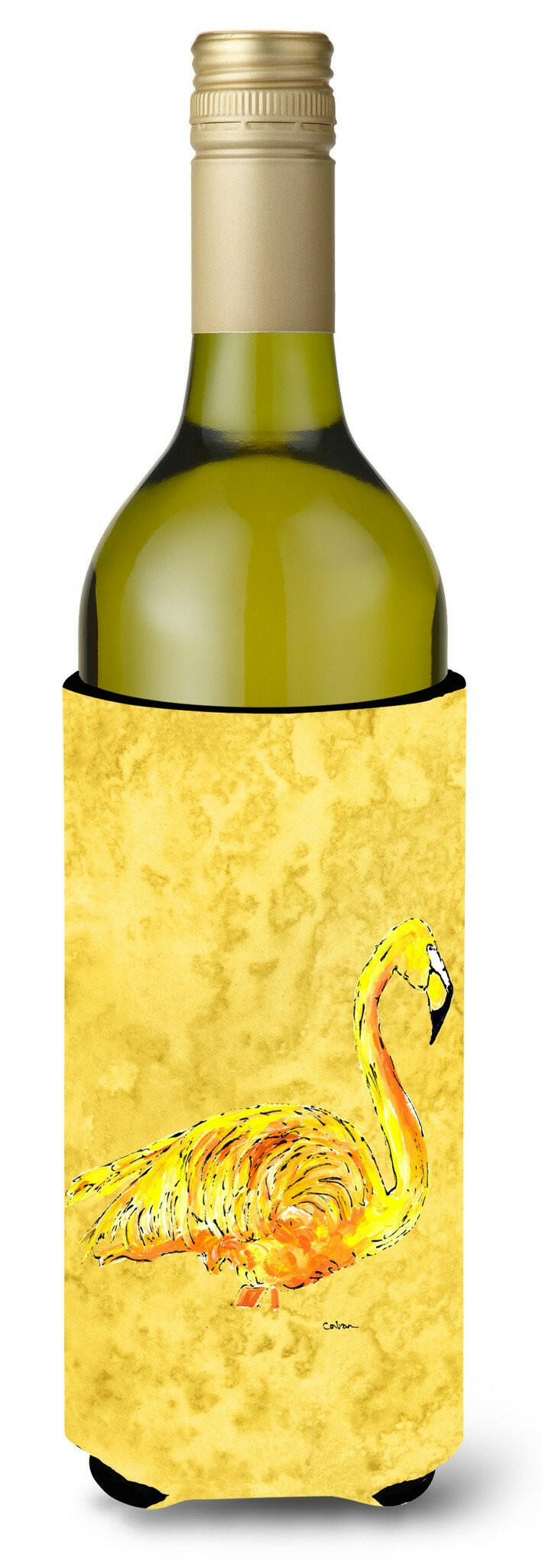 Flamingo on Yellow Wine Bottle Hugger Gift Sleeve for Standard 750 ml Bottles, Insulated Reusable Also Fits Mini Shot & Pint Bottles