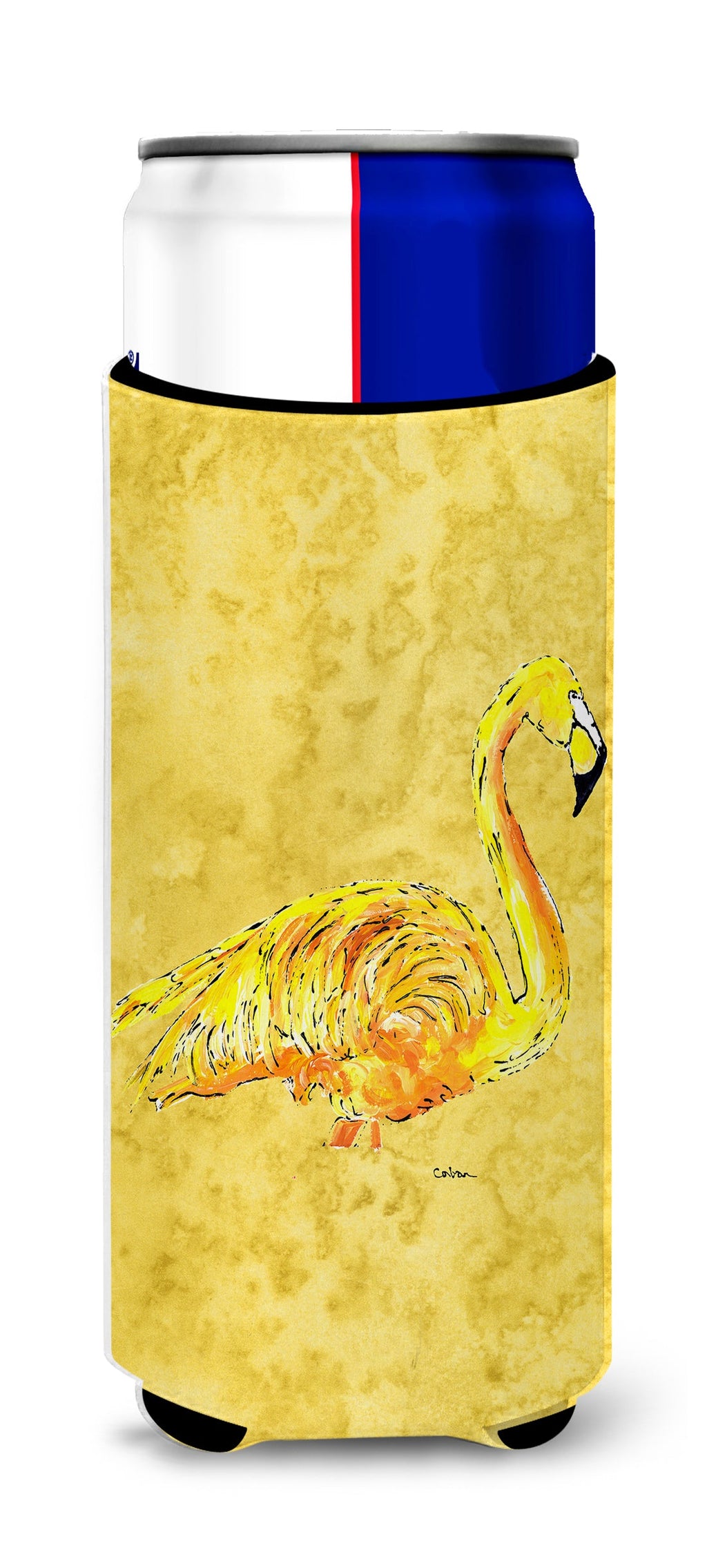 Flamingo on Yellow Slim Can Hugger , Insulated Foam Hugger for 12 oz Slim Cans, Beer Bottles & Water Bottles, Printed in USA