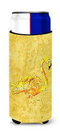 Flamingo on Yellow Slim Can Hugger , Insulated Foam Hugger for 12 oz Slim Cans, Beer Bottles & Water Bottles, Printed in USA