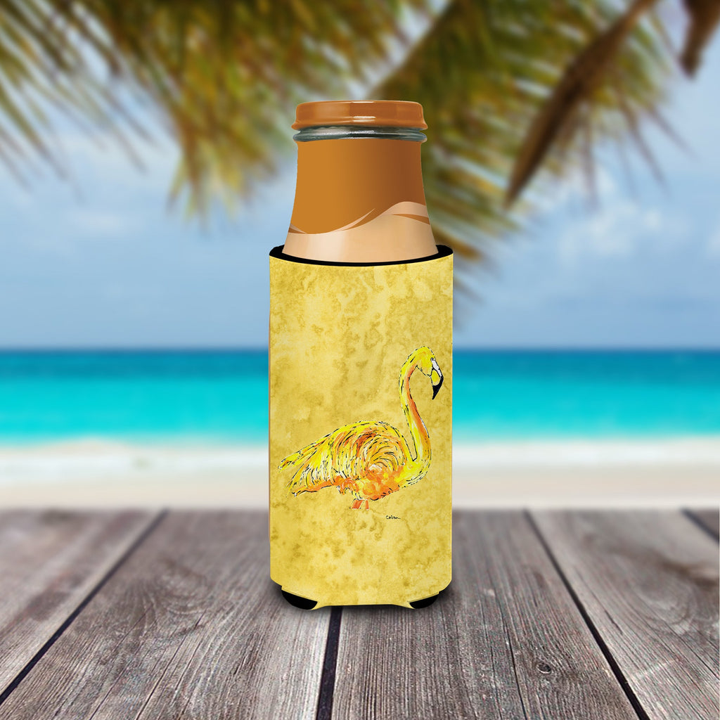 Flamingo on Yellow Slim Can Hugger , Insulated Foam Hugger for 12 oz Slim Cans, Beer Bottles & Water Bottles, Printed in USA