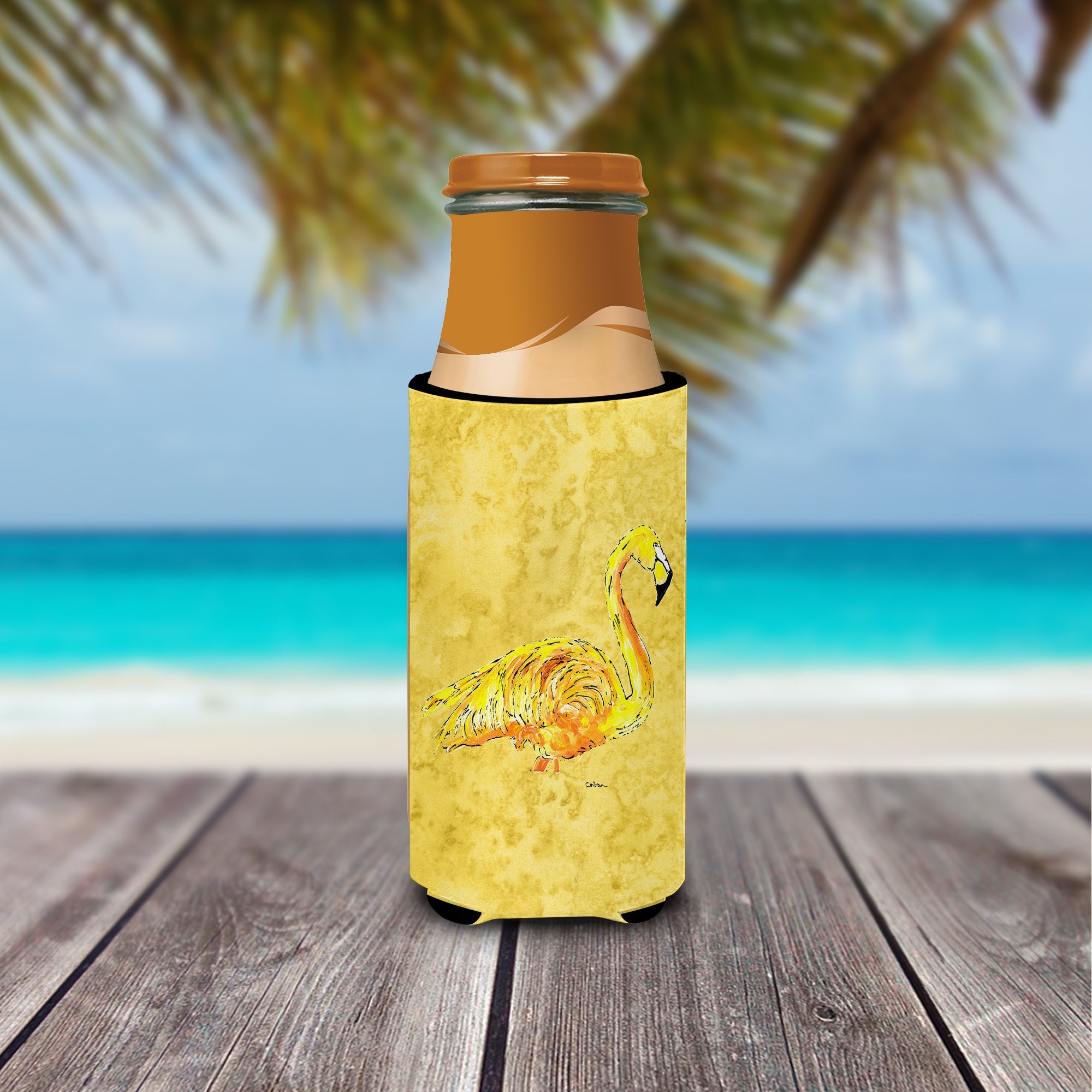 Flamingo on Yellow Slim Can Hugger , Insulated Foam Hugger for 12 oz Slim Cans, Beer Bottles & Water Bottles, Printed in USA