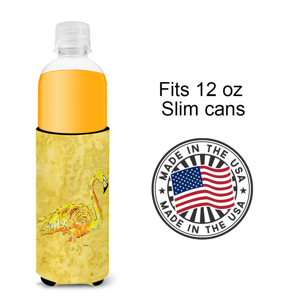 Flamingo on Yellow Slim Can Hugger , Insulated Foam Hugger for 12 oz Slim Cans, Beer Bottles & Water Bottles, Printed in USA