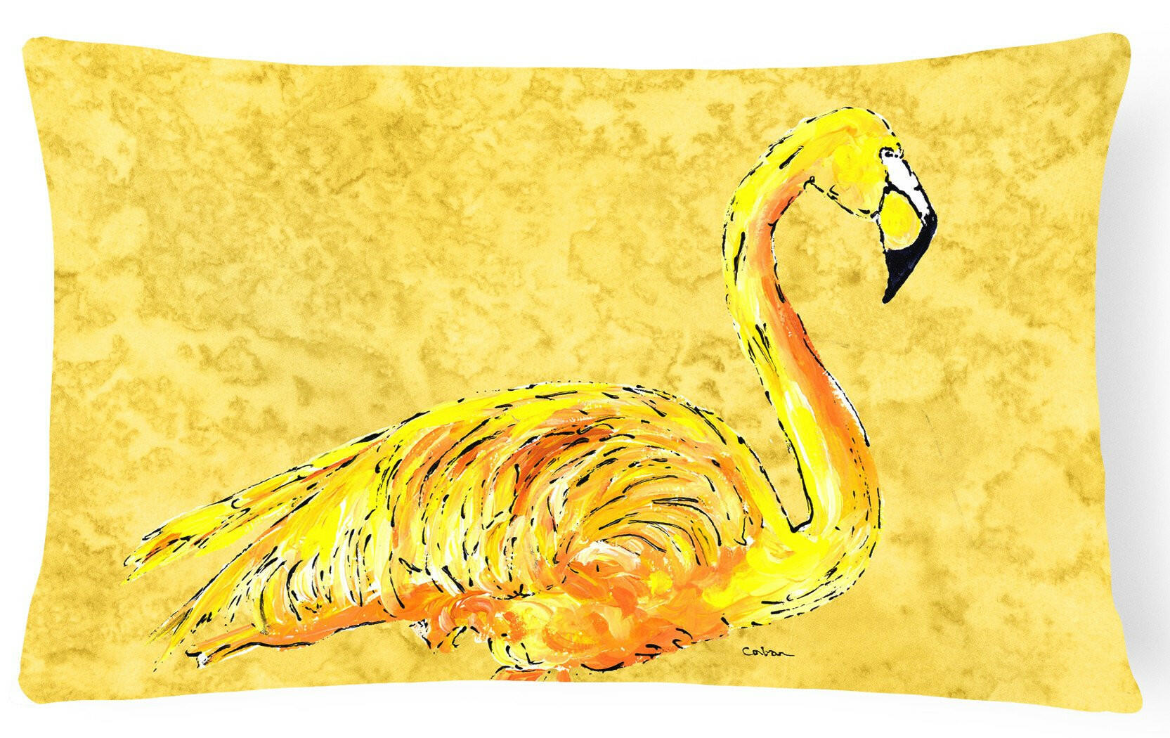 Flamingo on Yellow Decorative Throw Pillow 12x16 Indoor Outdoor Accent Cushion, Fabric Cover with Insert for Sofa, Bed, Porch & Living Room