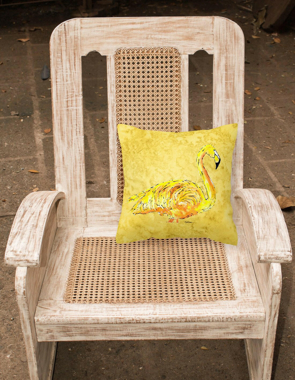 Flamingo on Yellow Decorative Throw Pillow 14x14 Indoor Outdoor Accent Cushion, Fabric Cover with Insert for Sofa, Bed, Porch & Living Room