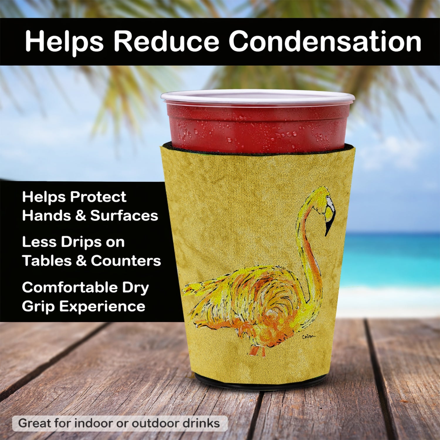 Flamingo on Yellow Red Cup Hugger Sleeve for 16–22 oz Party Cups, Insulated Foam Drink Holder for Iced Coffee, Tailgate & BBQ Reusable