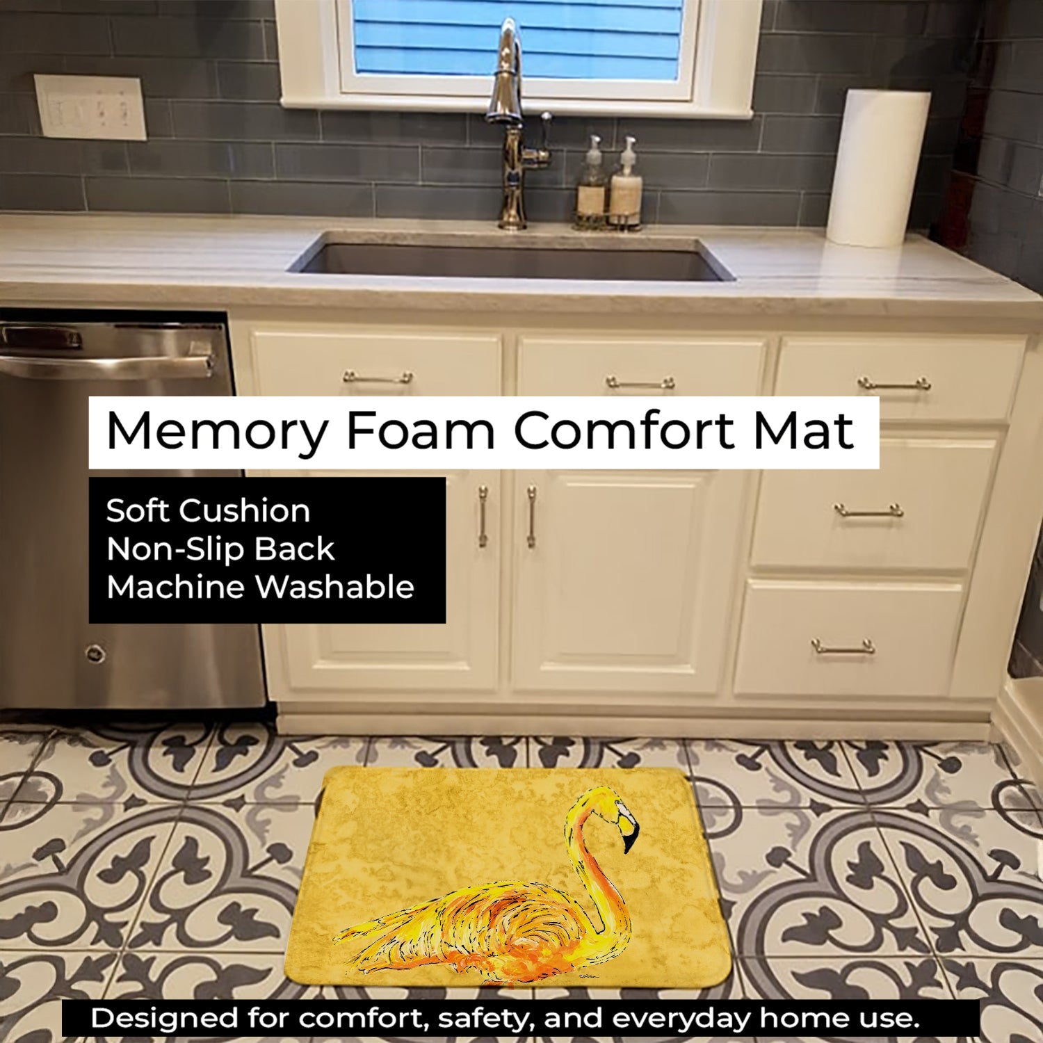 Flamingo on Yellow Memory Foam Kitchen Mat Machine Washable Anti-Fatigue Cushion Comfort Bath or Kitchen Rug