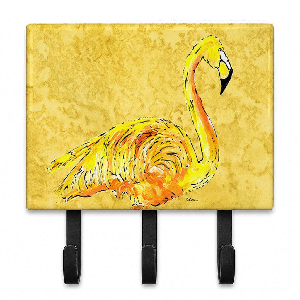 Flamingo on Yellow Leash or Key Holder Wall Hooks, Coat Rack Wall Mount, for Hanging Keys, Towels, Aprons, Leashes