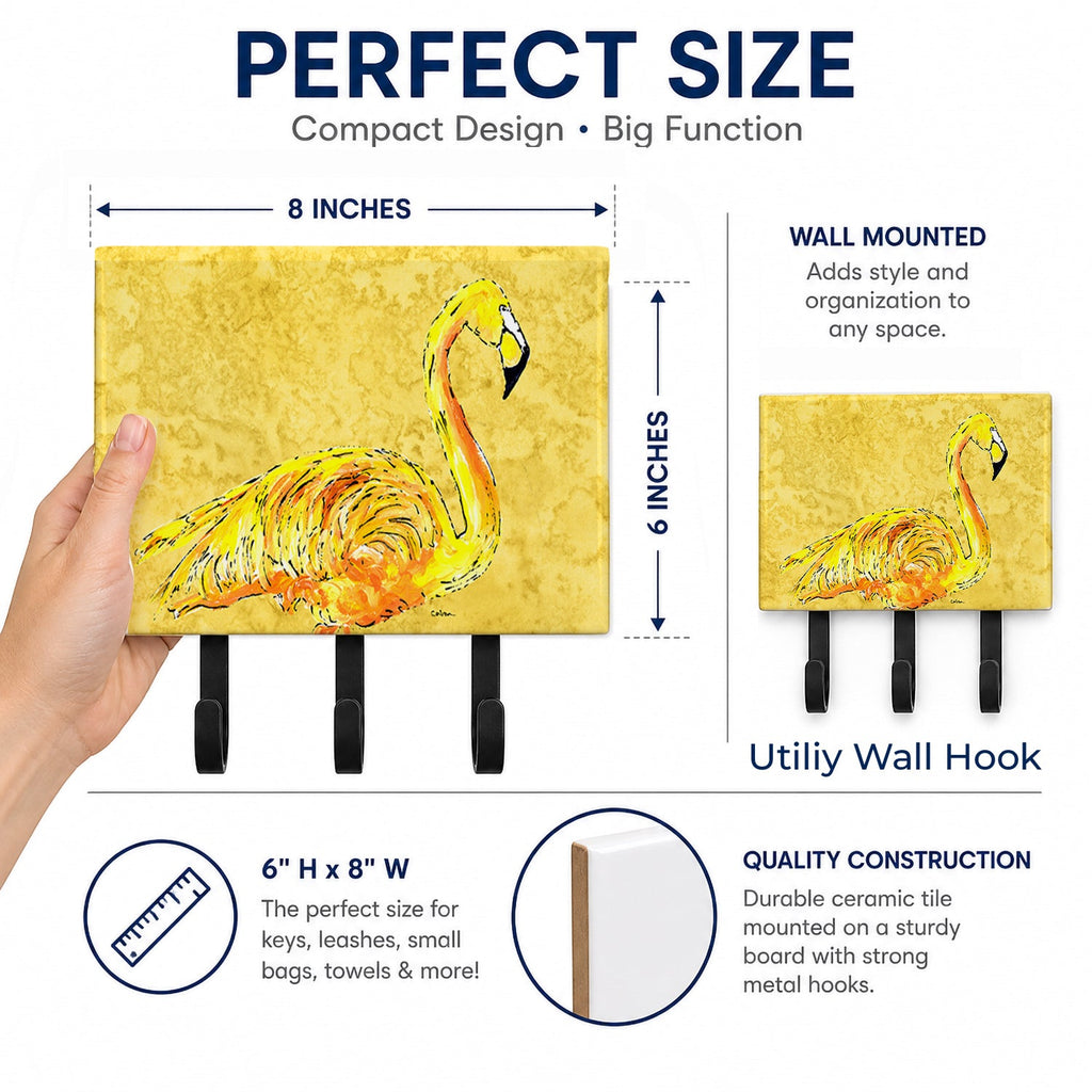 Flamingo on Yellow Leash or Key Holder Wall Hooks, Coat Rack Wall Mount, for Hanging Keys, Towels, Aprons, Leashes