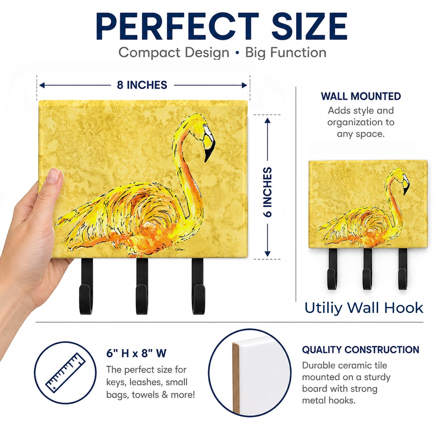 Flamingo on Yellow Leash or Key Holder Wall Hooks, Coat Rack Wall Mount, for Hanging Keys, Towels, Aprons, Leashes
