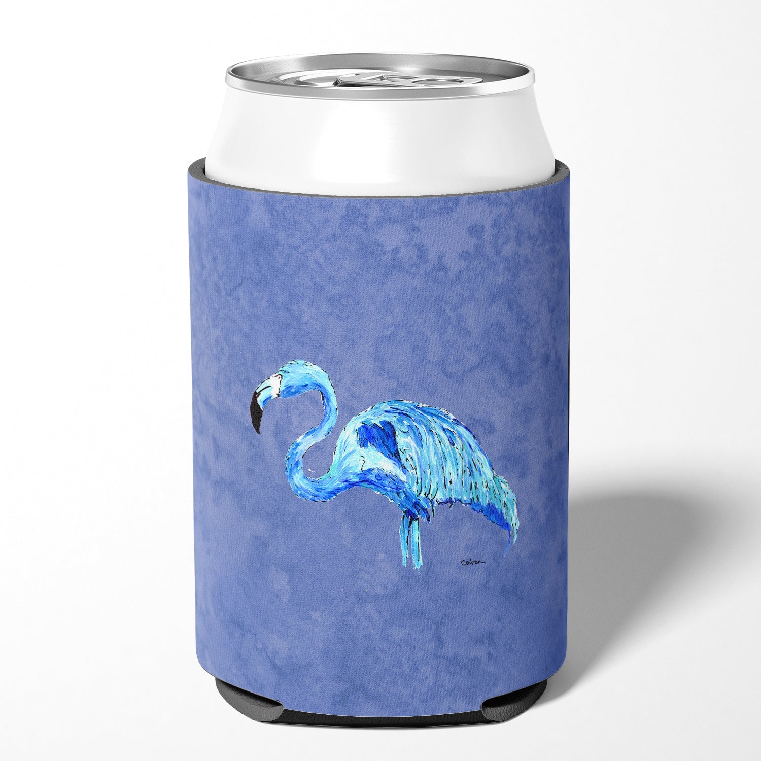 Flamingo On Slate Blue Can or Bottle Hugger Cooler Sleeve for Standard 12 oz Cans, Insulated Foam Beer & Soda Can Hugger Reusable
