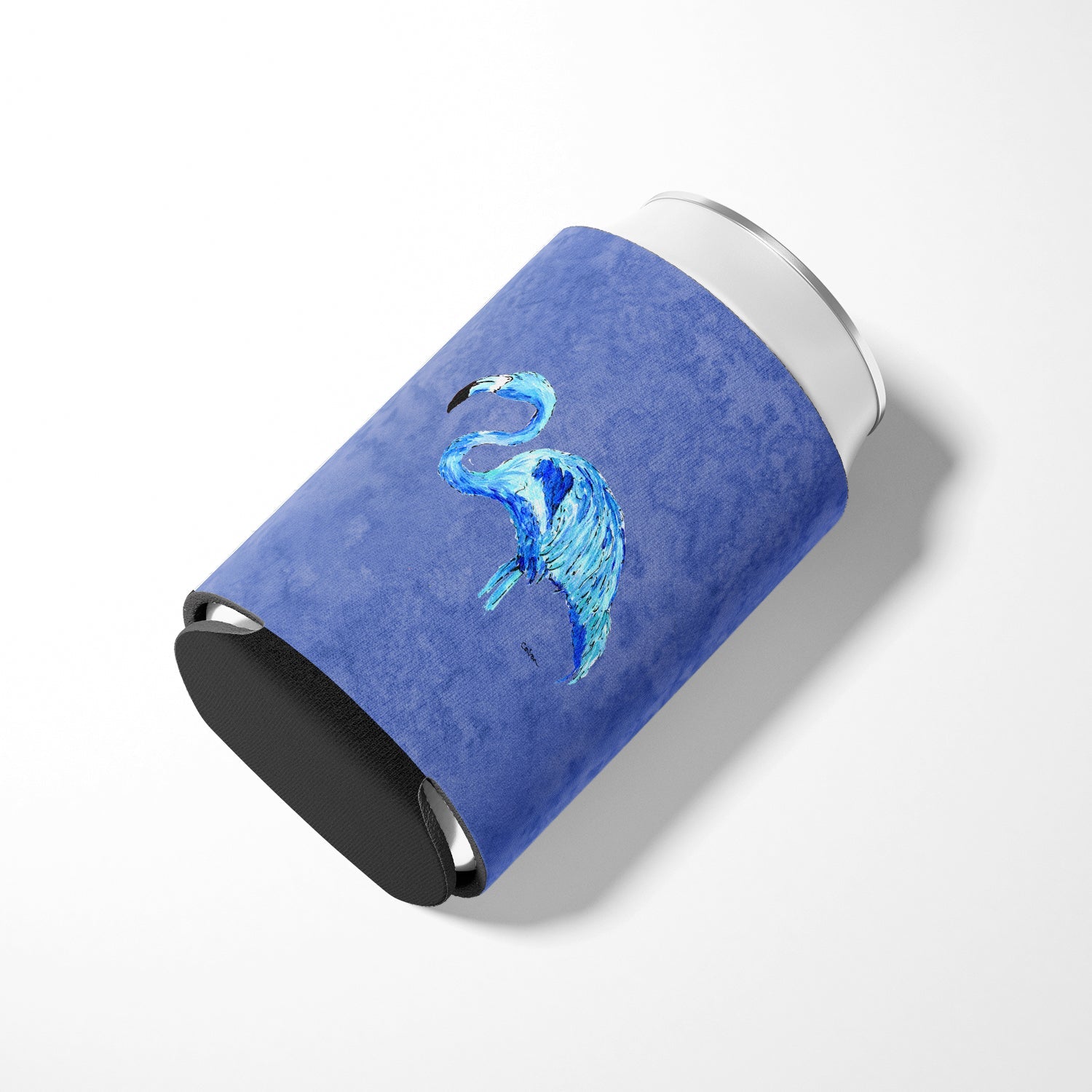 Flamingo On Slate Blue Can or Bottle Hugger Cooler Sleeve for Standard 12 oz Cans, Insulated Foam Beer & Soda Can Hugger Reusable