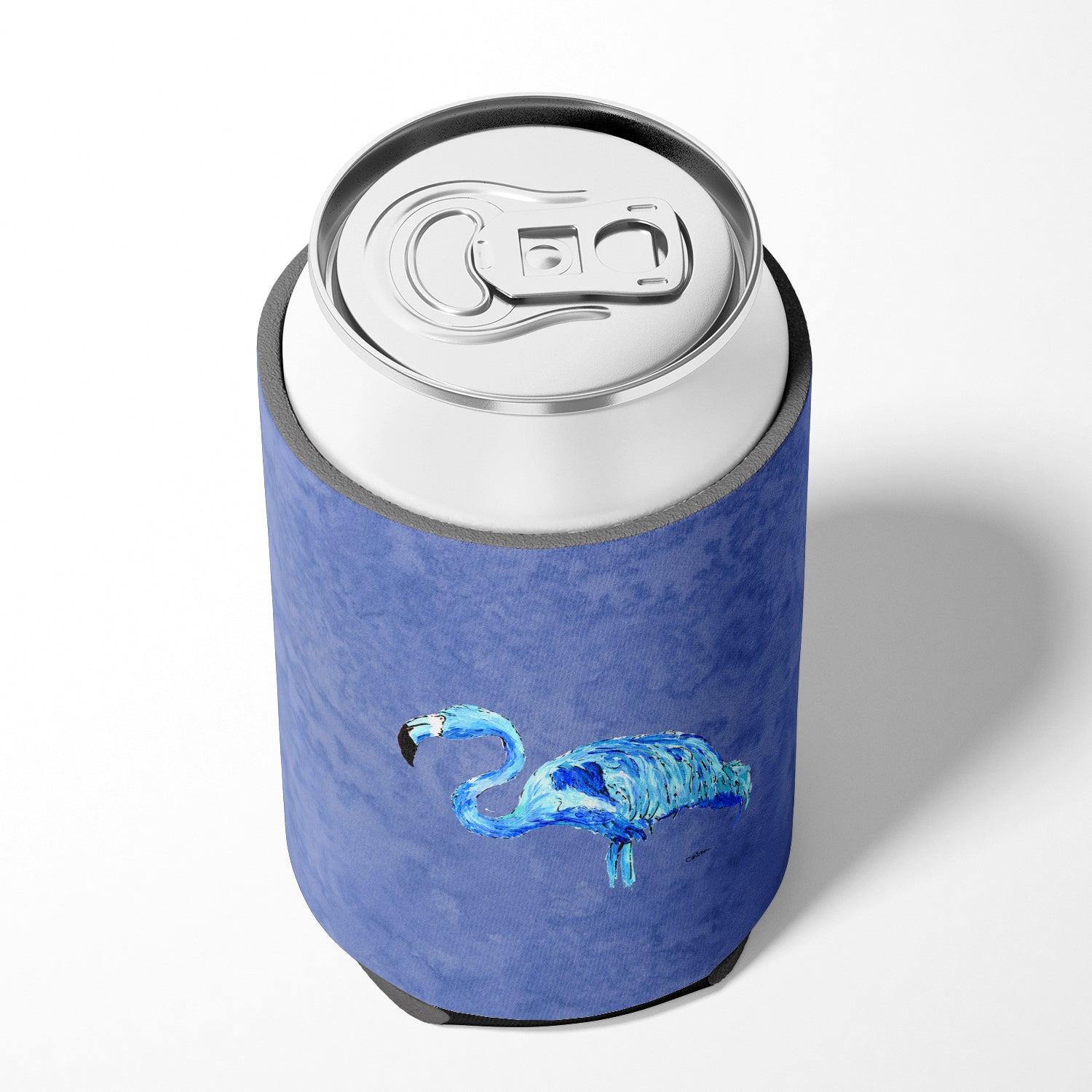 Flamingo On Slate Blue Can or Bottle Hugger Cooler Sleeve for Standard 12 oz Cans, Insulated Foam Beer & Soda Can Hugger Reusable