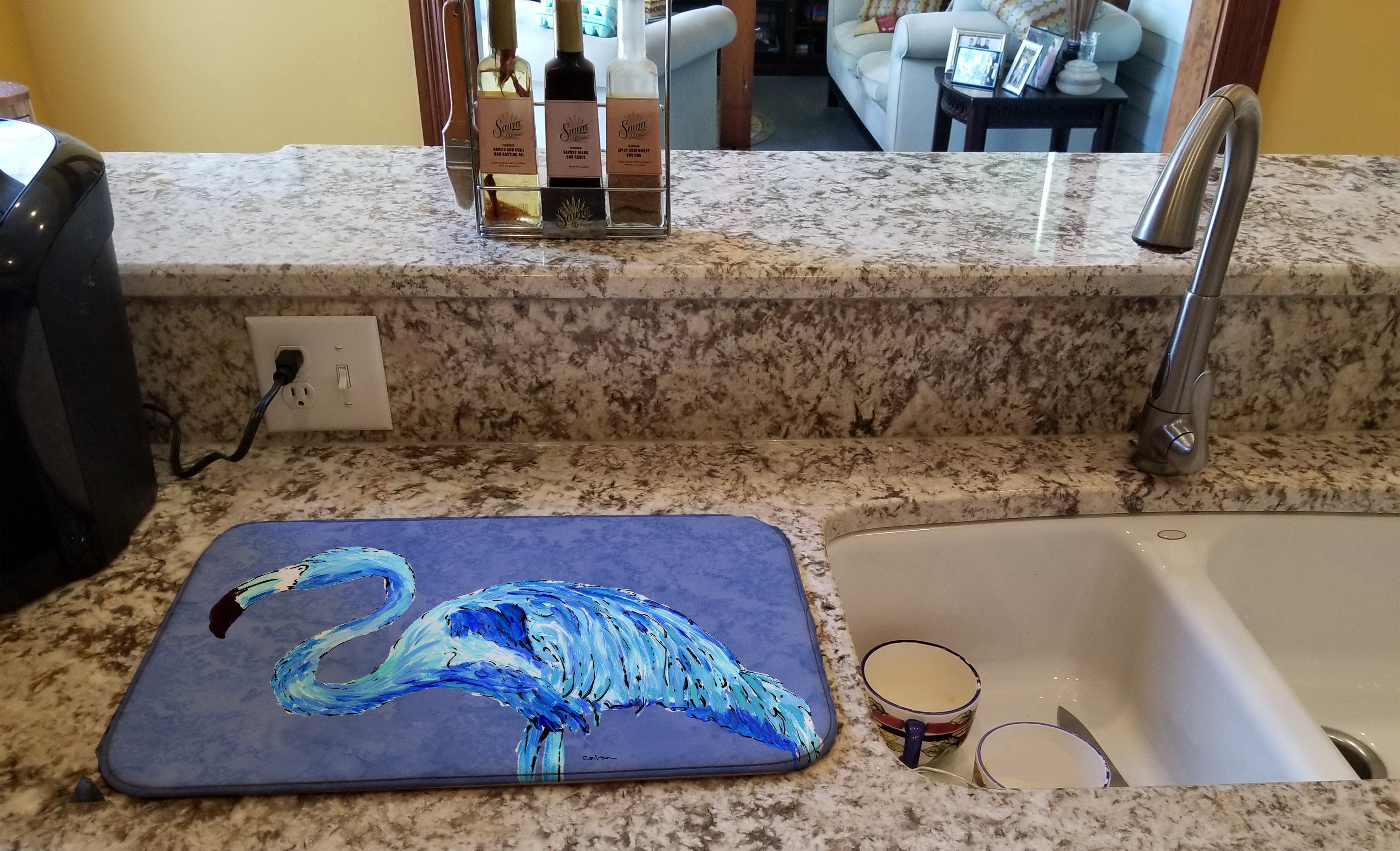 Flamingo On Slate Blue Dish Drying Mat Absorbent Dish Drying Mat Pad for Kitchen Counter Dish Drainer Mat for Countertop, 14 x 21", Multicolor