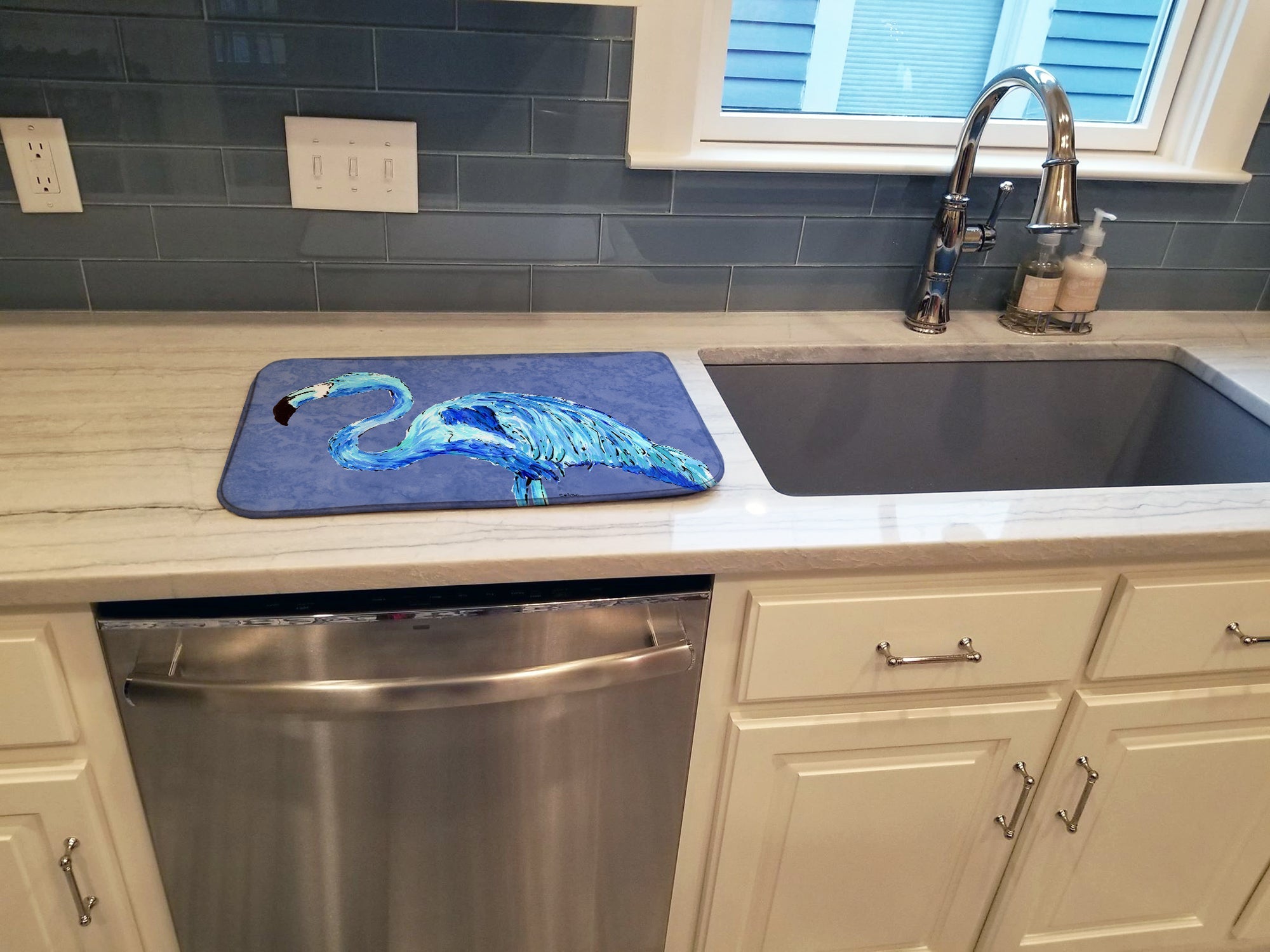 Flamingo On Slate Blue Dish Drying Mat Absorbent Dish Drying Mat Pad for Kitchen Counter Dish Drainer Mat for Countertop, 14 x 21", Multicolor