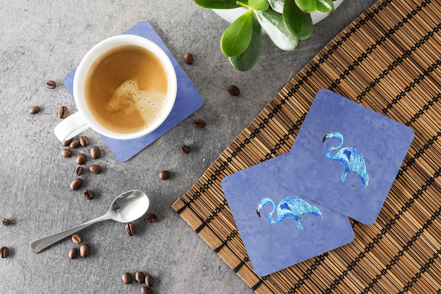 Flamingo On Slate Blue Foam Coasters Set of 4 Cup Coasters for Indoor Outdoor, Tabletop Protection, Anti Slip, Mouse pad Material