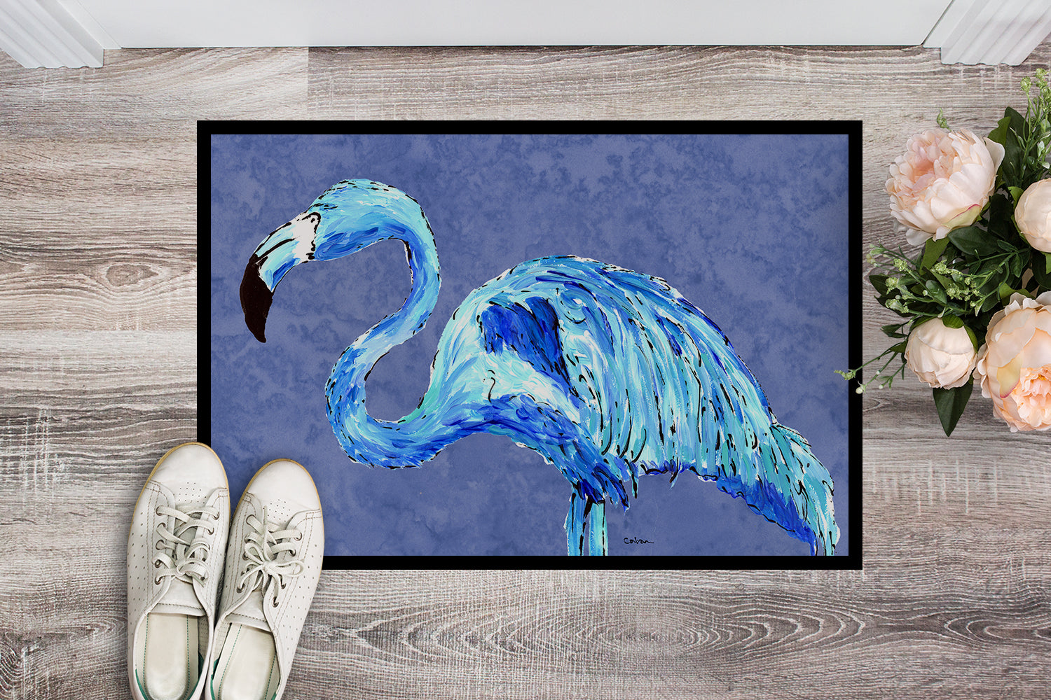 Flamingo On Slate Blue Doormat Indoor Outdoor 24H X 36W Front Door Mat Rugs for Entryway, Non Slip Washable Low Pile,