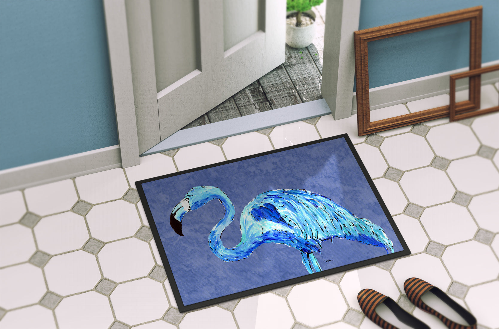Flamingo On Slate Blue Doormat Indoor Outdoor 24H X 36W Front Door Mat Rugs for Entryway, Non Slip Washable Low Pile,