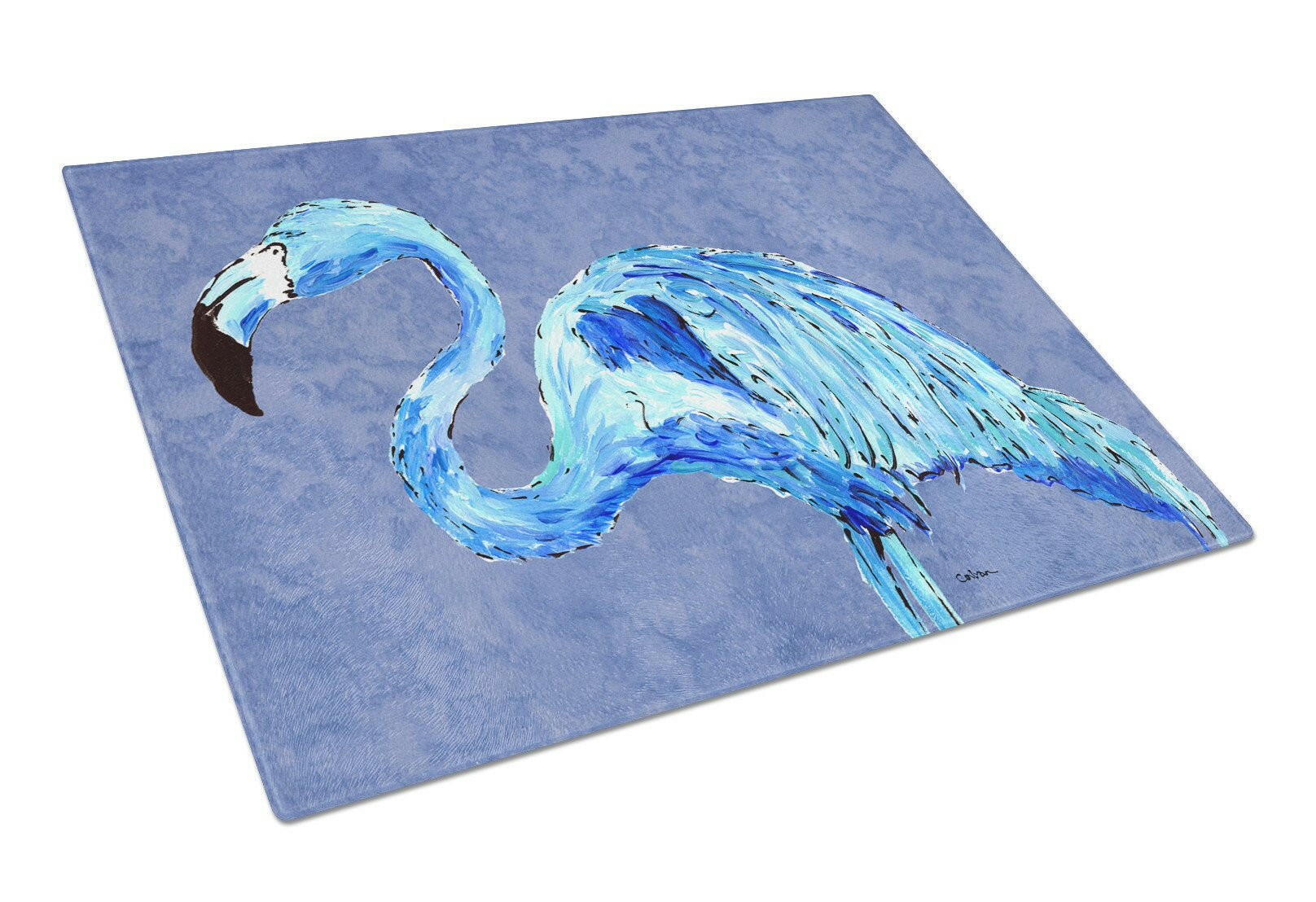 Flamingo On Slate Blue Cutting Board Tempered Glass Kitchen Cutting Surface, Heat Resistant Chopping, Non-Slip Feet, Food Prep & Serving