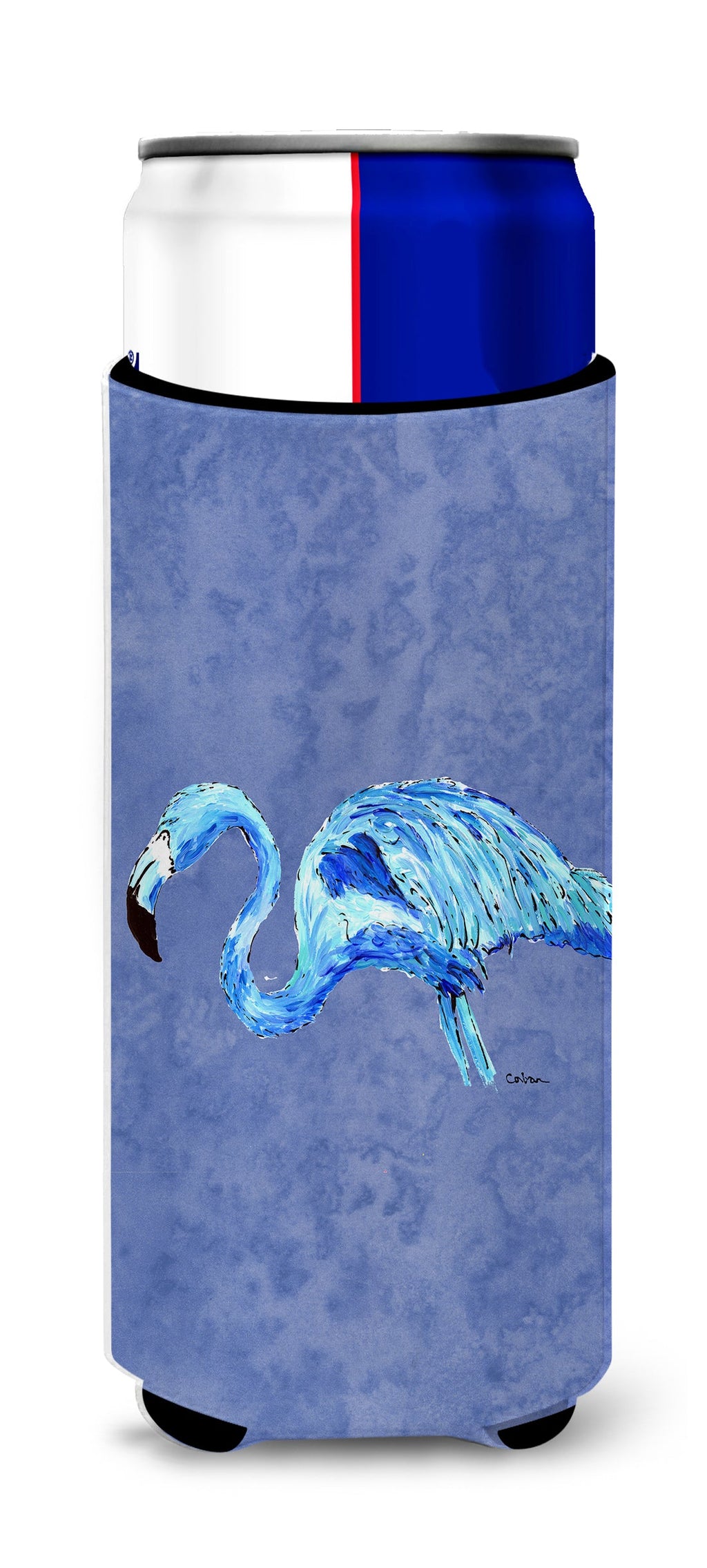Flamingo On Slate Blue Slim Can Hugger , Insulated Foam Hugger for 12 oz Slim Cans, Beer Bottles & Water Bottles, Printed in USA