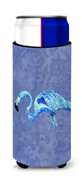Flamingo On Slate Blue Slim Can Hugger , Insulated Foam Hugger for 12 oz Slim Cans, Beer Bottles & Water Bottles, Printed in USA
