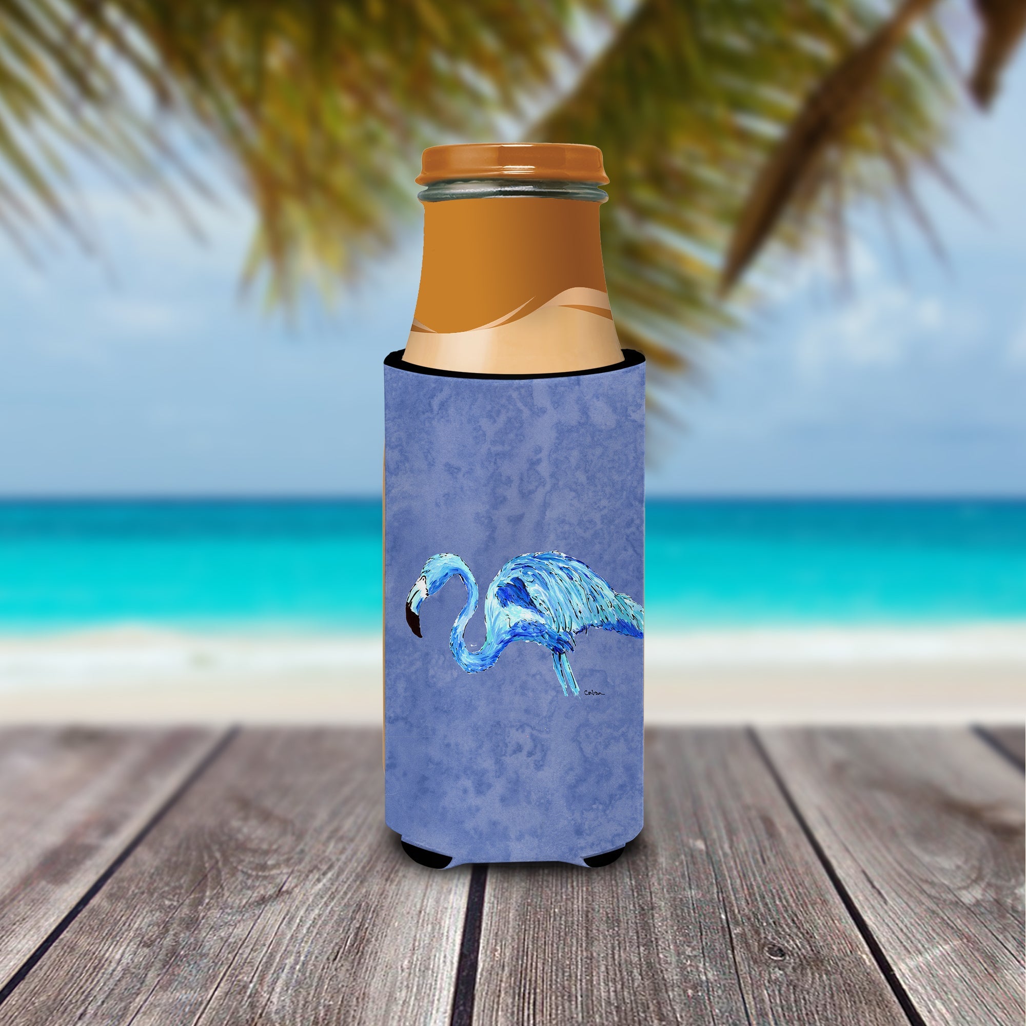 Flamingo On Slate Blue Slim Can Hugger , Insulated Foam Hugger for 12 oz Slim Cans, Beer Bottles & Water Bottles, Printed in USA