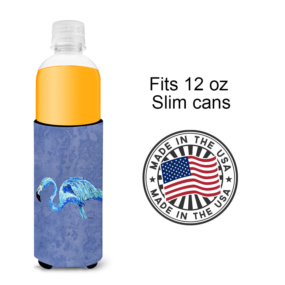 Flamingo On Slate Blue Slim Can Hugger , Insulated Foam Hugger for 12 oz Slim Cans, Beer Bottles & Water Bottles, Printed in USA