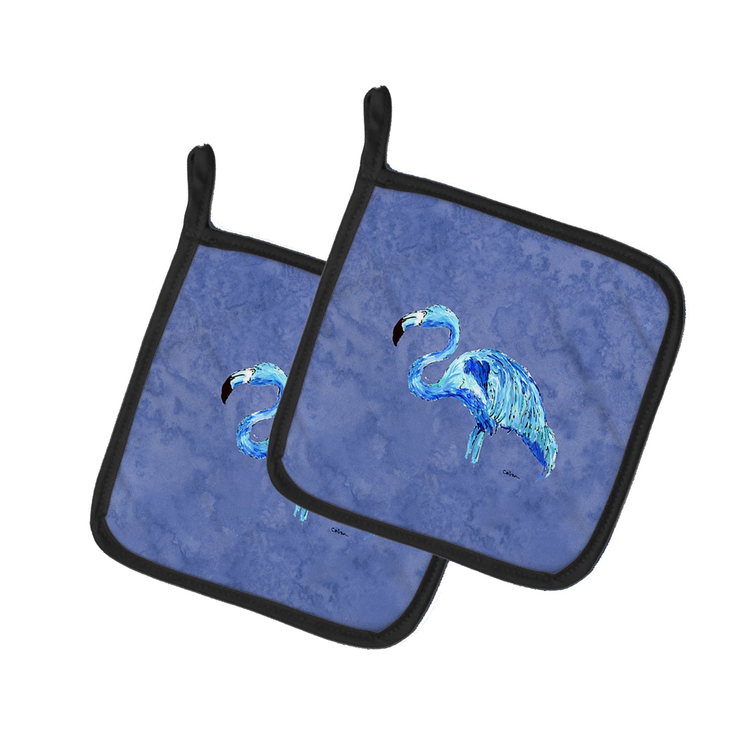 Flamingo On Slate Blue Pot Holder Set of 2 Heat Resistant Quilted Hot Pads 7.5 x 7.5 Inch, Insulated Kitchen Trivets for Cooking & Baking