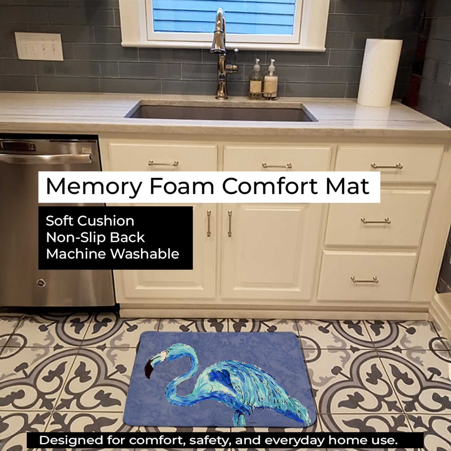 Flamingo On Slate Blue Memory Foam Kitchen Mat Machine Washable Anti-Fatigue Cushion Comfort Bath or Kitchen Rug