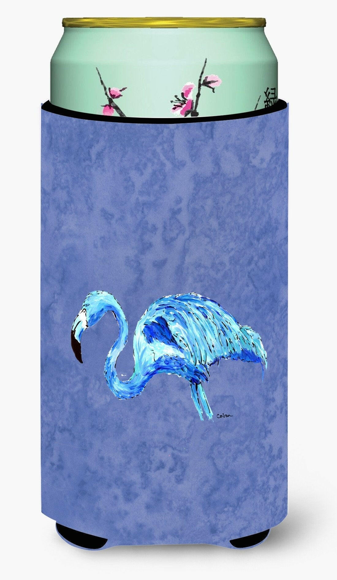 Flamingo On Slate Blue Tall Boy Hugger Can Cooler Sleeve Machine Washable Drink Collapsible Insulator Beverage Insulated Holder