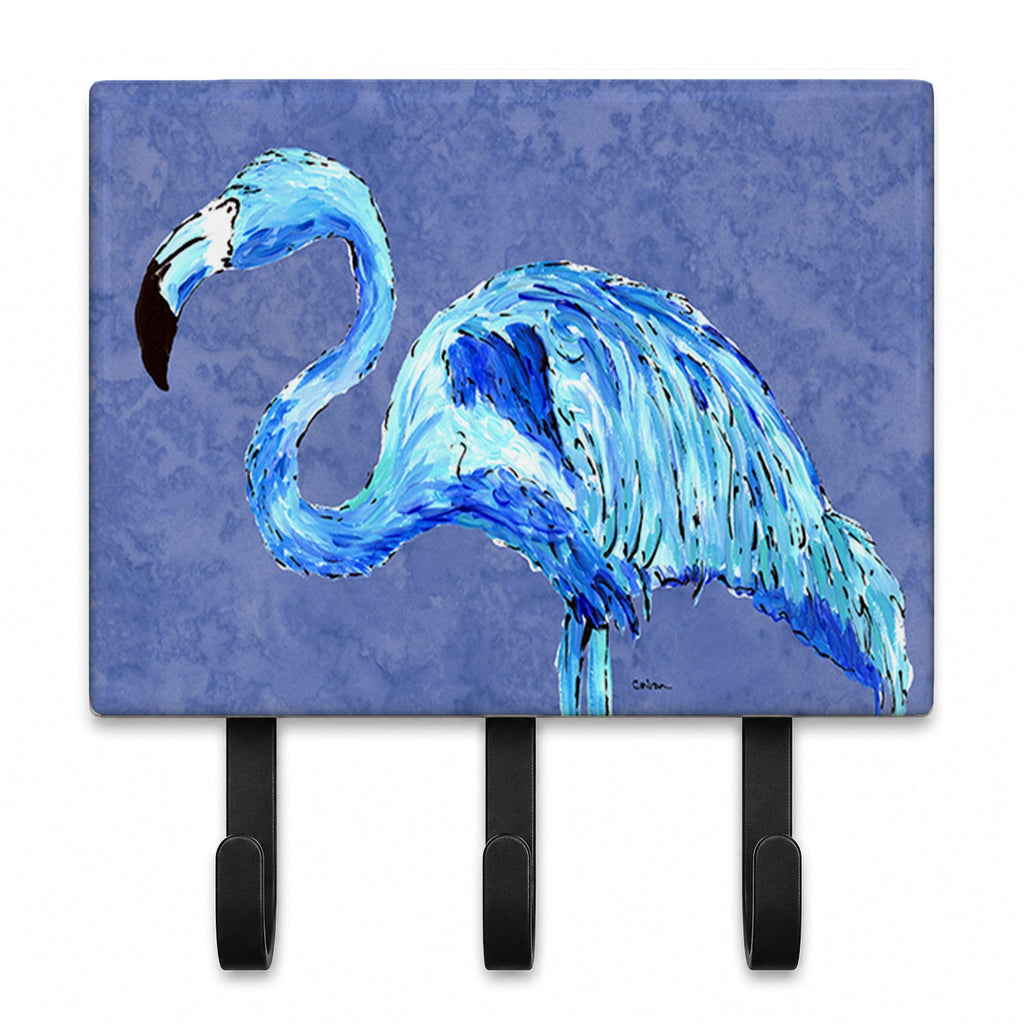 Flamingo On Slate Blue Leash or Key Holder Wall Hooks, Coat Rack Wall Mount, for Hanging Keys, Towels, Aprons, Leashes