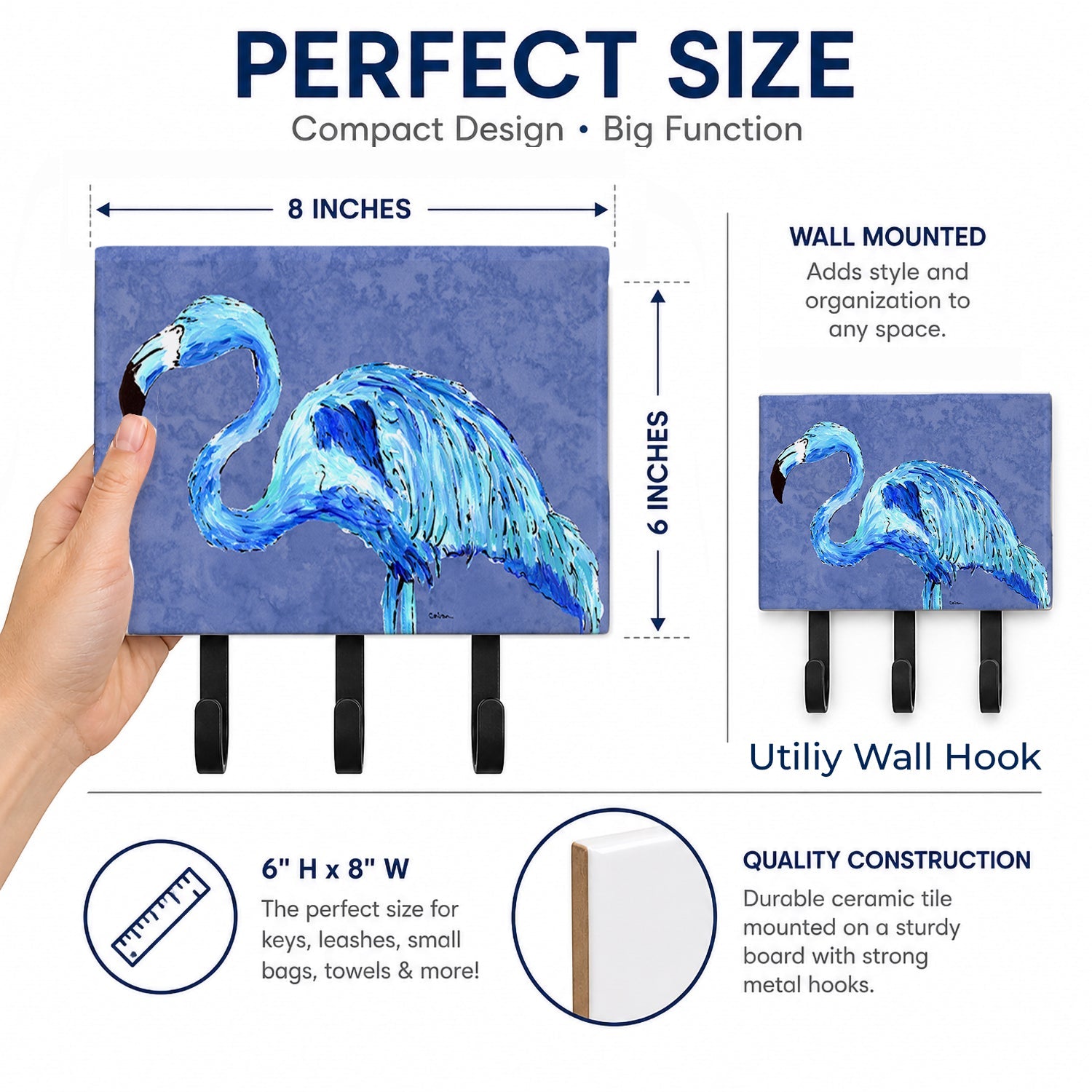 Flamingo On Slate Blue Leash or Key Holder Wall Hooks, Coat Rack Wall Mount, for Hanging Keys, Towels, Aprons, Leashes