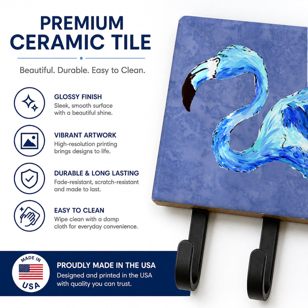 Flamingo On Slate Blue Leash or Key Holder Wall Hooks, Coat Rack Wall Mount, for Hanging Keys, Towels, Aprons, Leashes