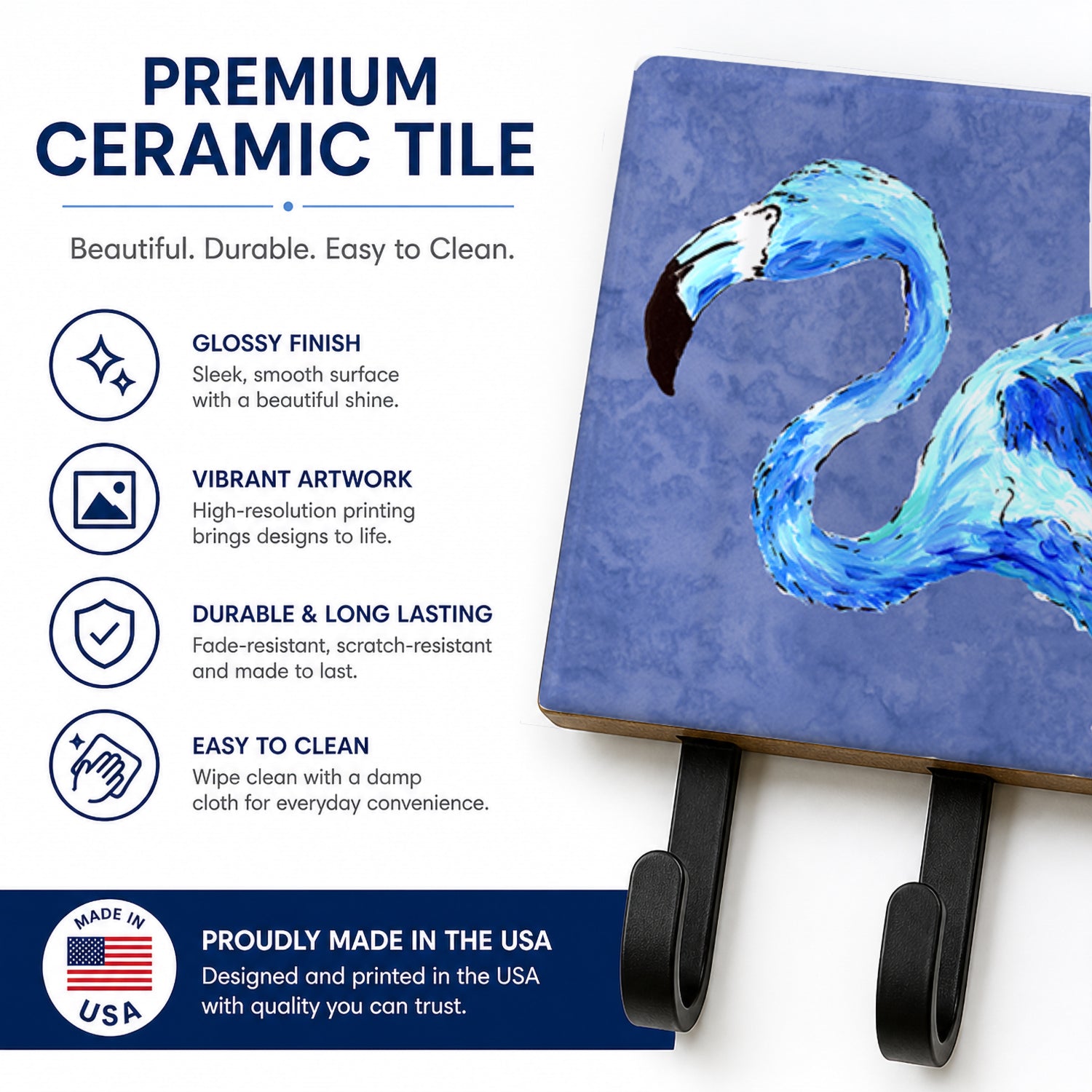 Flamingo On Slate Blue Leash or Key Holder Wall Hooks, Coat Rack Wall Mount, for Hanging Keys, Towels, Aprons, Leashes