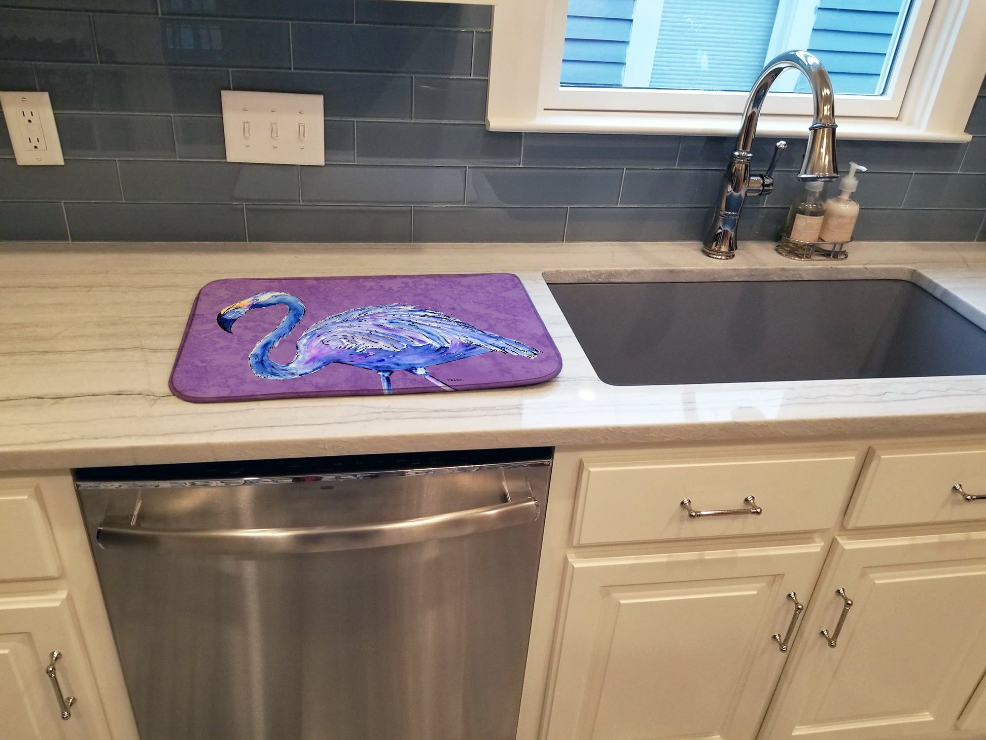 Flamingo on Purple Dish Drying Mat Absorbent Dish Drying Mat Pad for Kitchen Counter Dish Drainer Mat for Countertop, 14 x 21", Multicolor