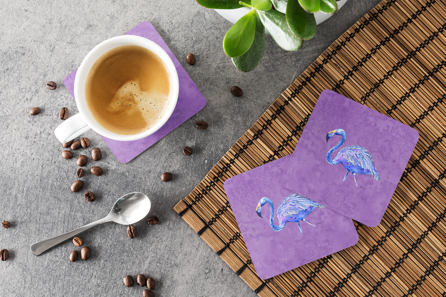 Flamingo on Purple Foam Coasters Set of 4 Cup Coasters for Indoor Outdoor, Tabletop Protection, Anti Slip, Mouse pad Material
