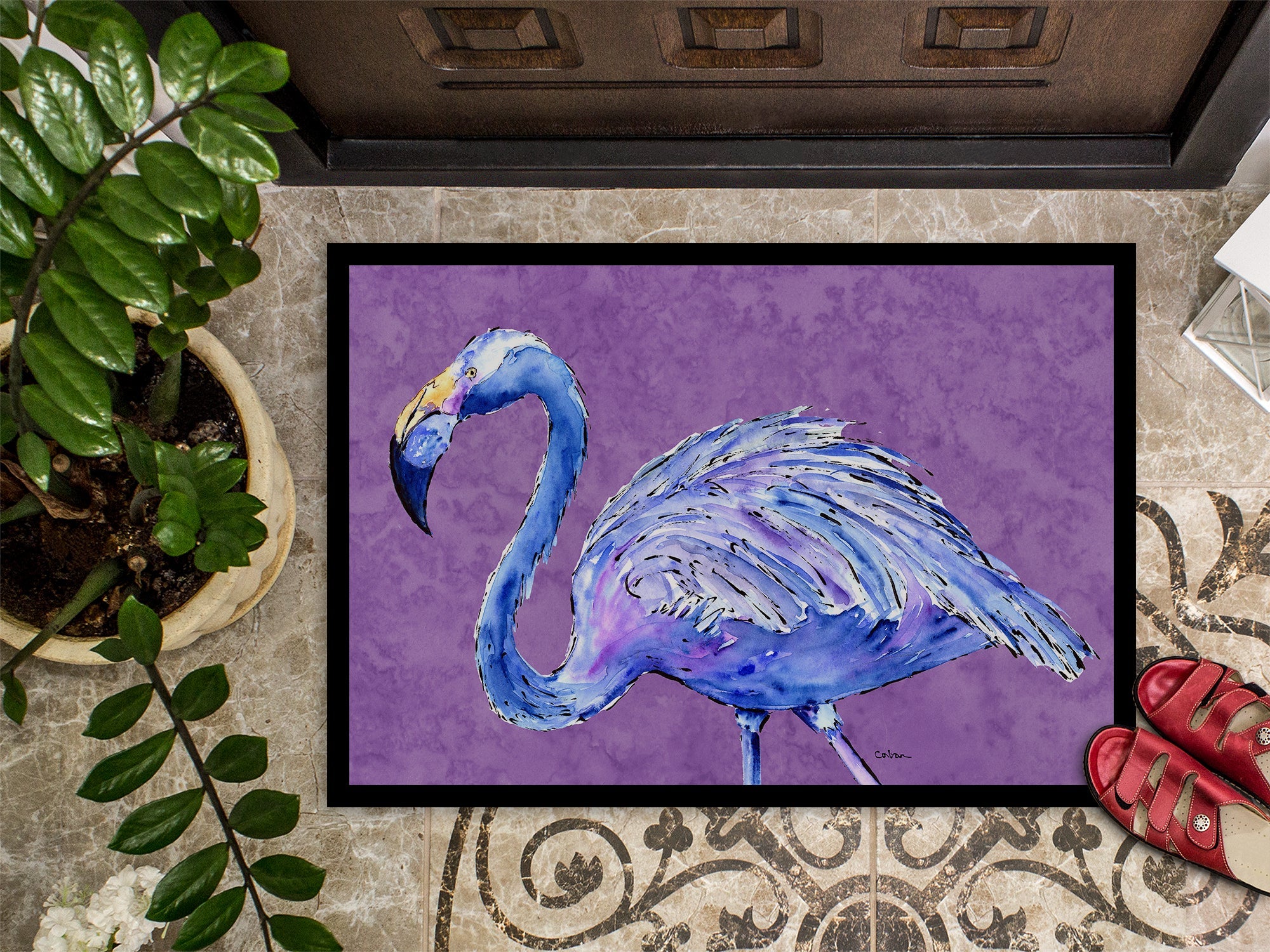 Flamingo on Purple Doormat Indoor Outdoor 24H X 36W Front Door Mat Rugs for Entryway, Non Slip Washable Low Pile,